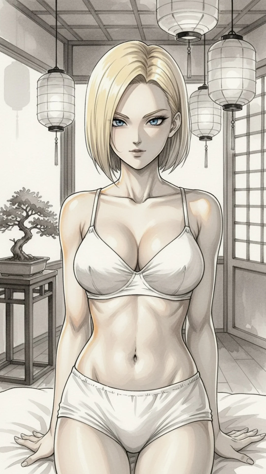 Anime-style Android 18 from Dragon Ball with asymmetrical blonde bob - AI Art by Daddy Jim Headquarters waifu illustration