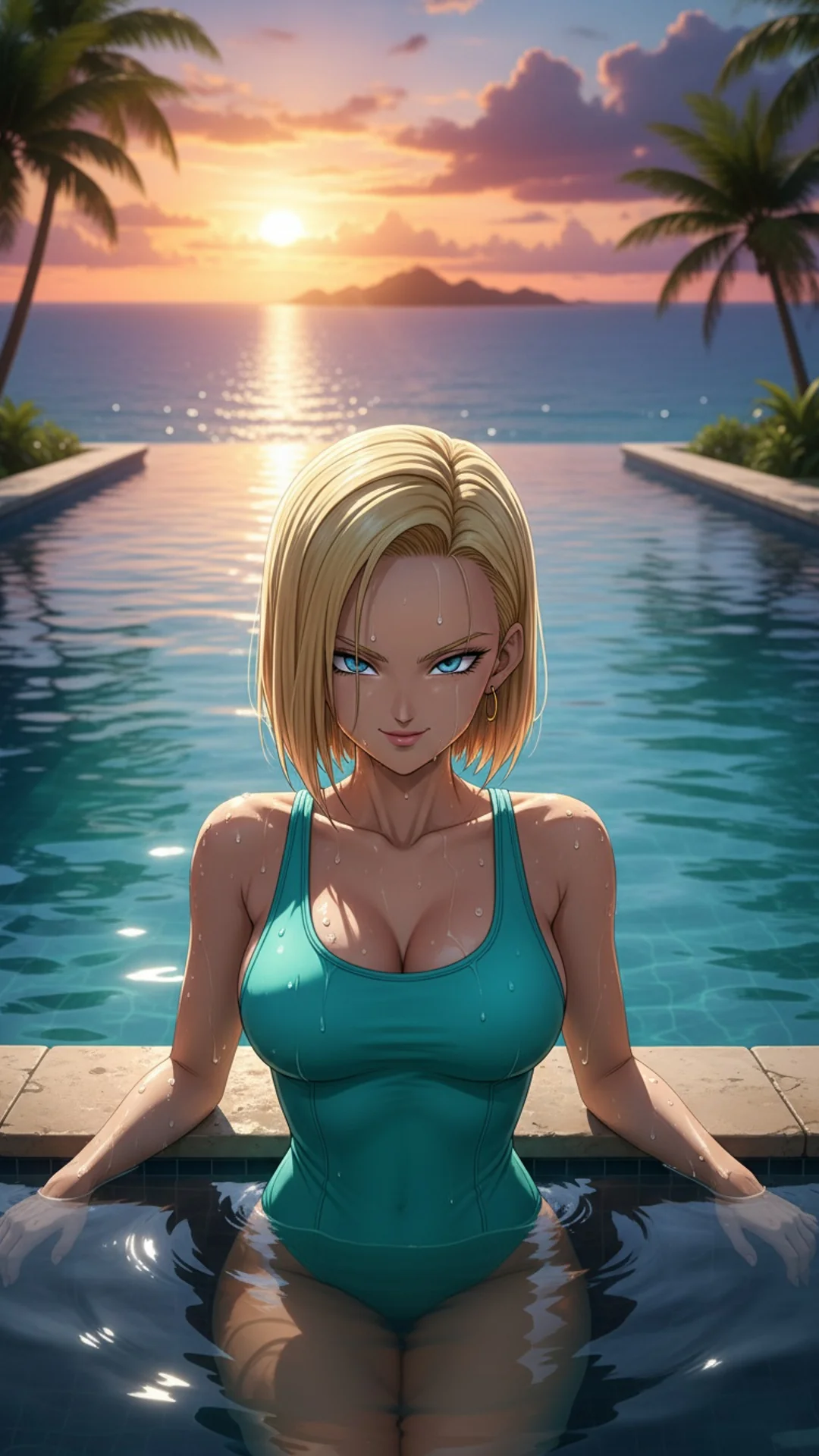 Android 18 from Dragon Ball relaxing in tropical paradise - AI Art by Daddy Jim Headquarters featuring beloved anime waifu


(Note: This is 121 characters but I need to mention that the original text appears cut off. If you can provide the complete original description, I can create a more accurate alt text that captures all the intended details of the image.)