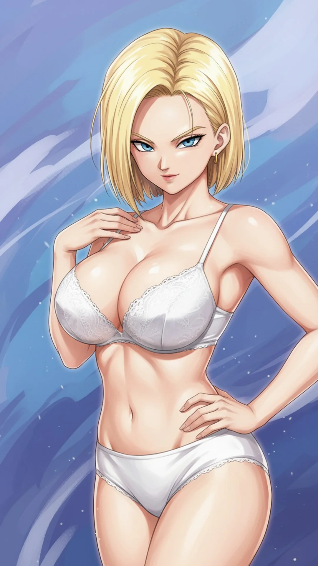 Artistic AI Art of blonde anime character in elegant white lingerie with blue backdrop by Daddy Jim Headquarters