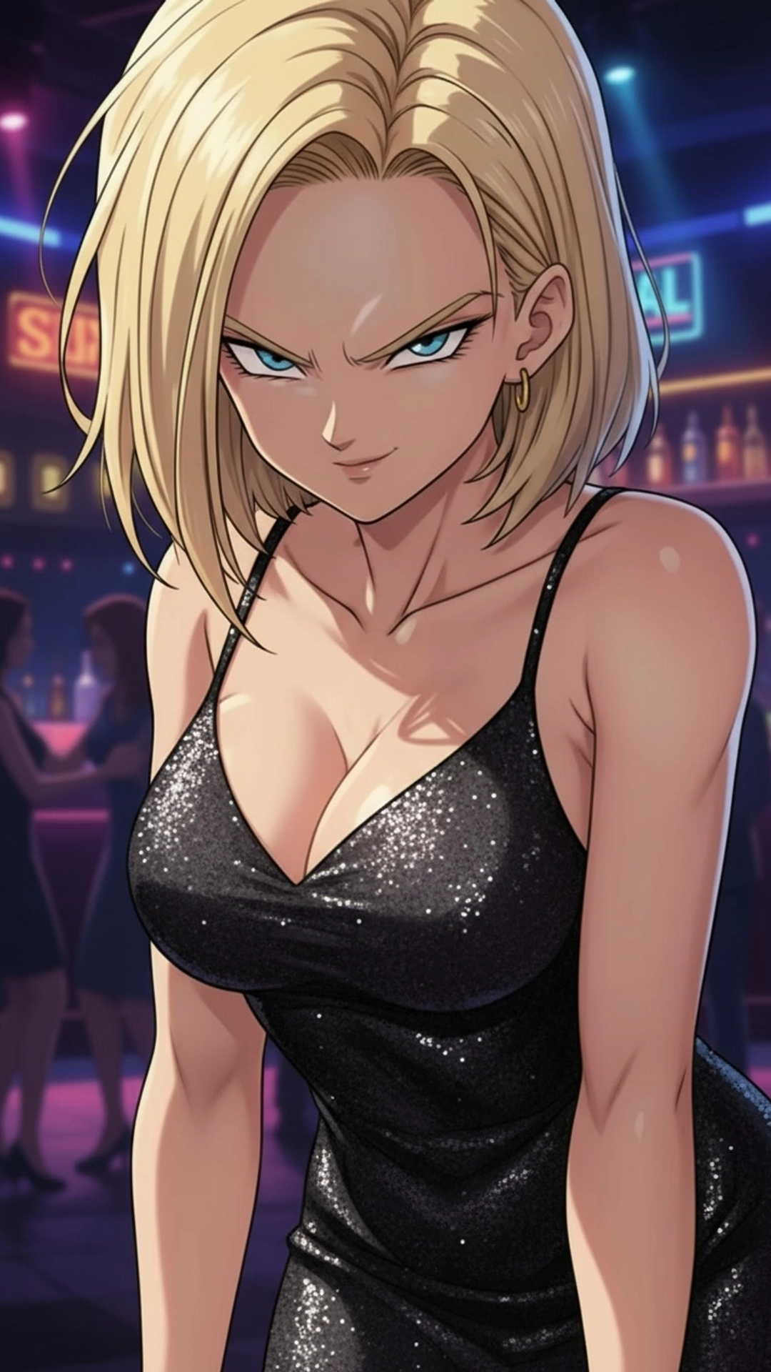 AI Art of confident blonde Android 18 from Dragon Ball in anime style by Daddy Jim Headquarters, sleek bob haircut waifu portrait
