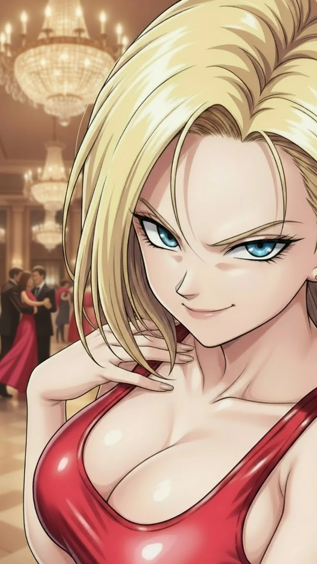 Confident blonde anime woman with piercing blue eyes, Dragon Ball Android 18 style waifu AI Art by Daddy Jim Headquarters