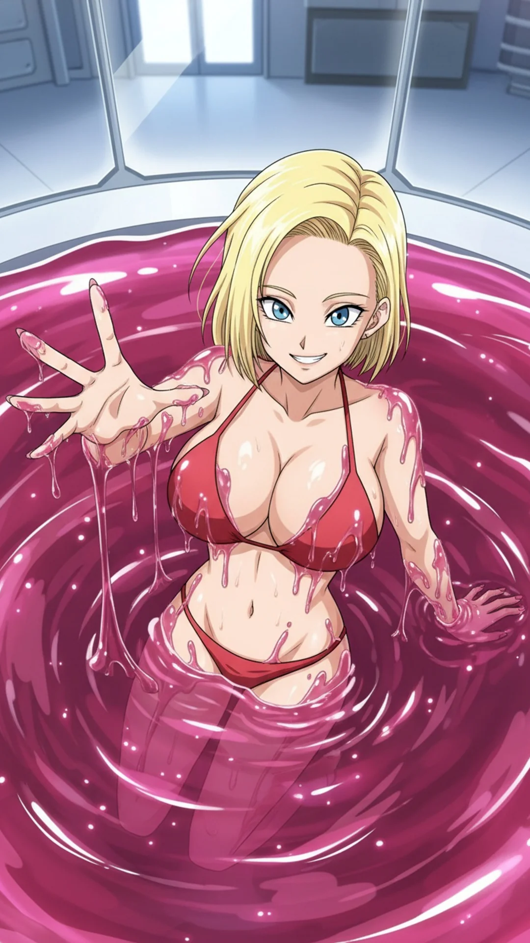 Anime woman with blonde hair relaxing in pink bath - Dragon Ball Android 18 waifu AI Art by Daddy Jim Headquarters