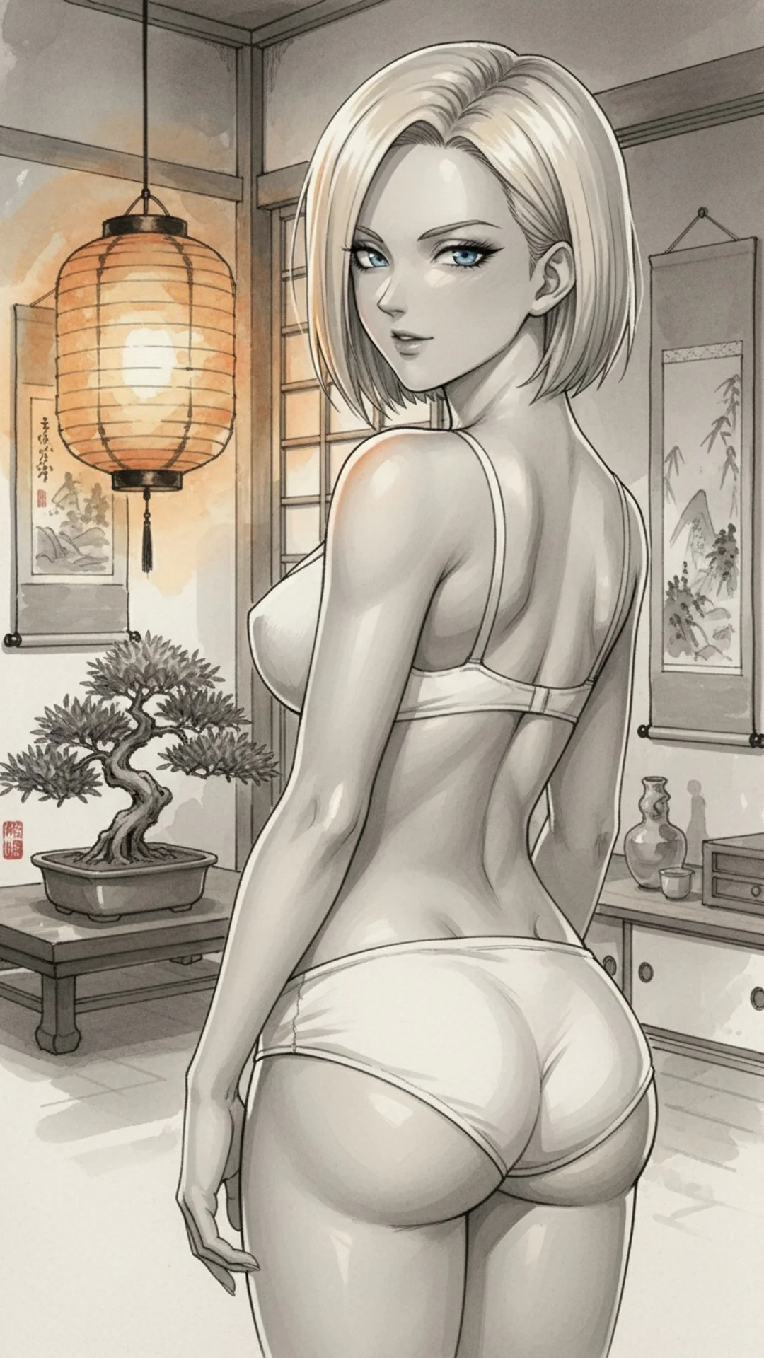 AI Art of anime Dragon Ball Android 18 waifu with traditional Japanese aesthetics by Daddy Jim Headquarters