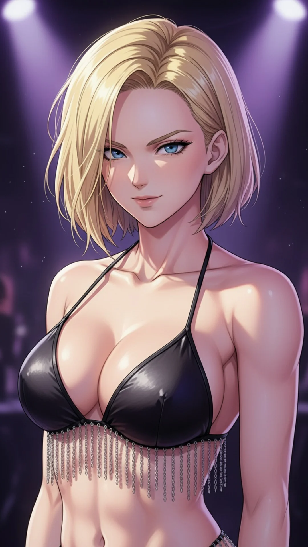 Anime illustration of blonde bob-cut woman with blue eyes - Android 18 Dragon Ball waifu AI Art by Daddy Jim Headquarters