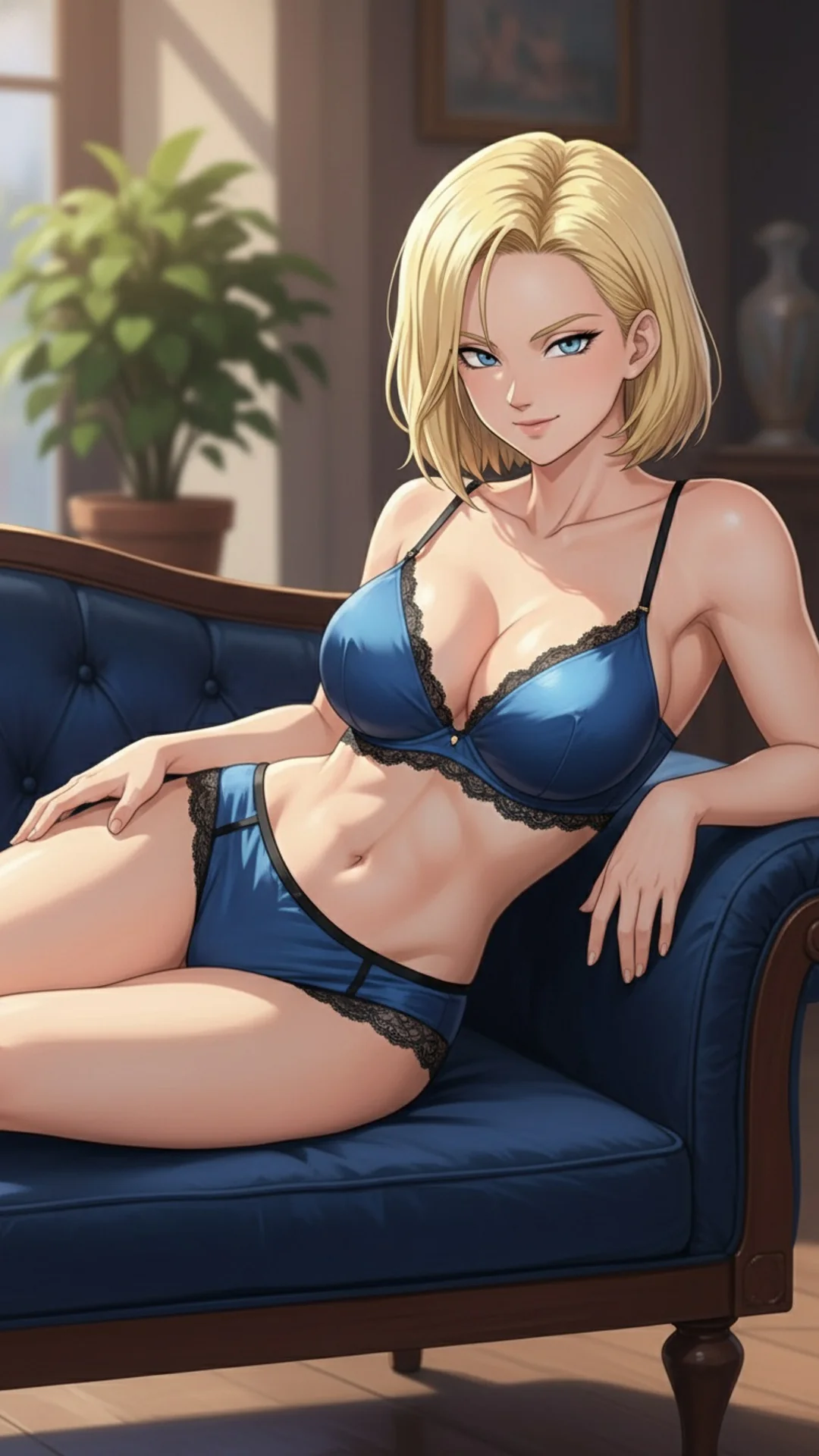 Confident blonde woman with blue eyes relaxing in anime style - Dragon Ball Android 18 waifu AI Art by Daddy Jim Headquarters