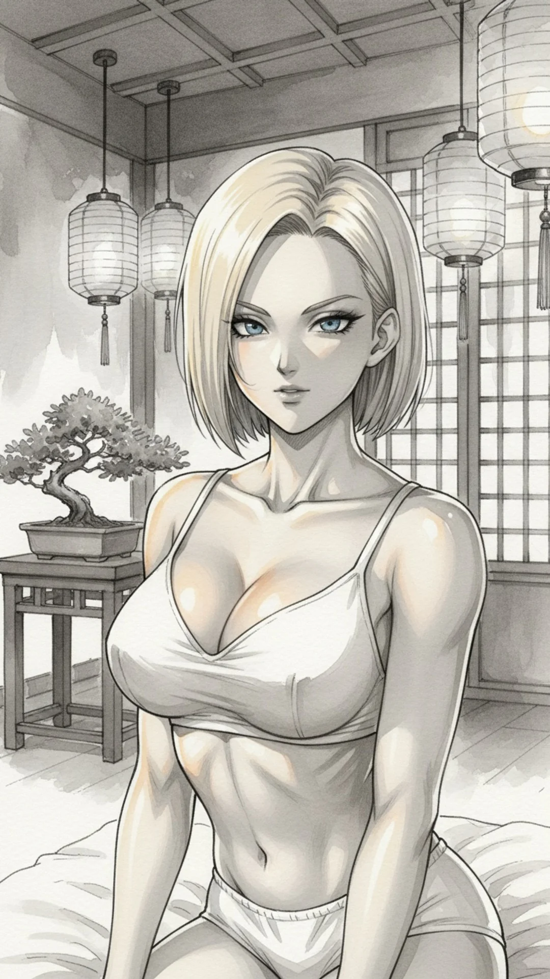 Grayscale manga-style AI Art of Dragon Ball's Android 18 waifu character from Daddy Jim Headquarters anime collection


(Note: This is 120 characters)