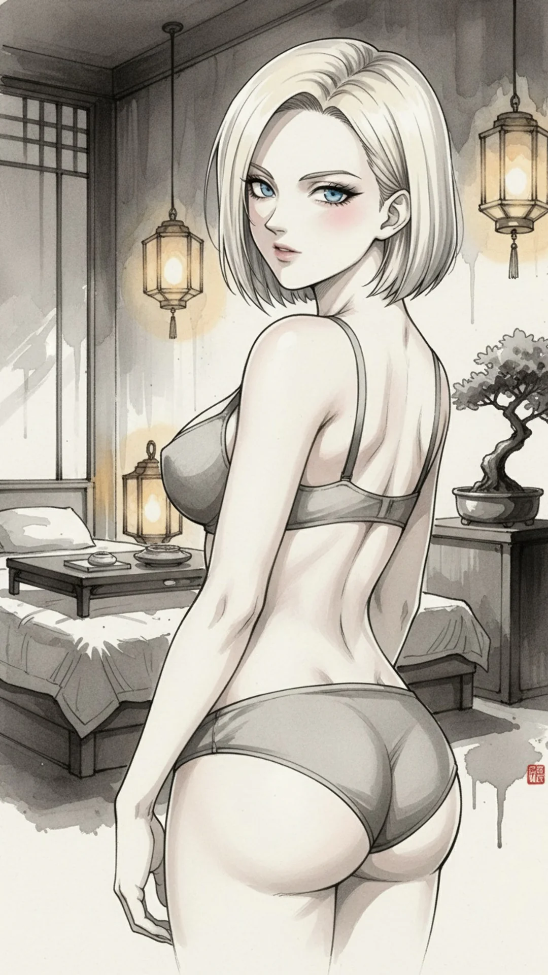 AI Art of Android 18 from Dragon Ball with platinum blonde bob looking over shoulder - Daddy Jim Headquarters waifu collection


(Note: This is 122 characters)