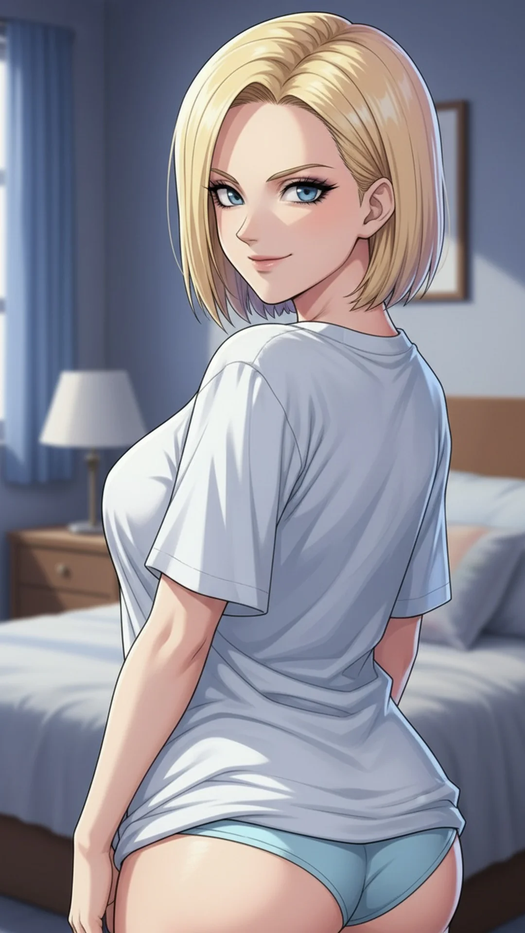 Confident blonde anime woman in bob cut glances back - Android 18 Dragon Ball waifu AI Art by Daddy Jim Headquarters