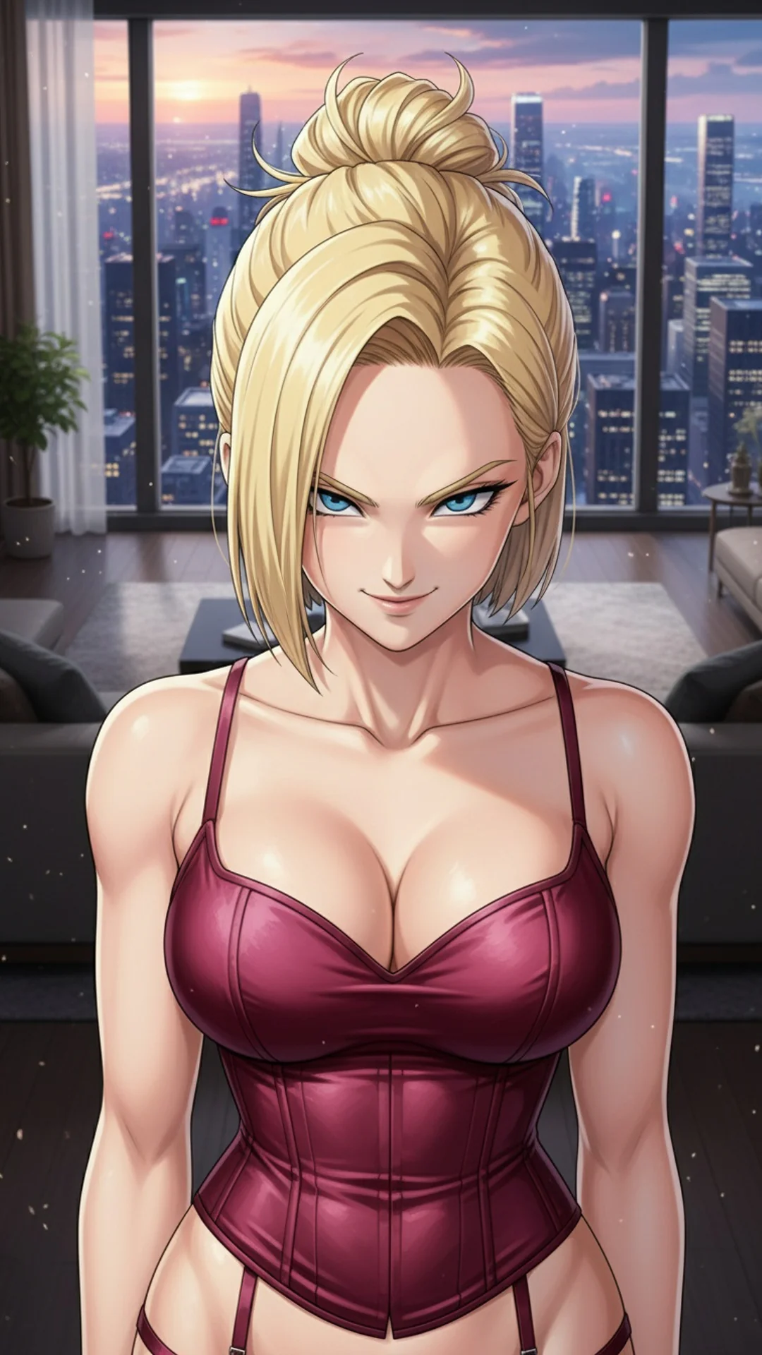 AI Art of confident Android 18 from Dragon Ball with elegant blonde hair by Daddy Jim Headquarters waifu illustration