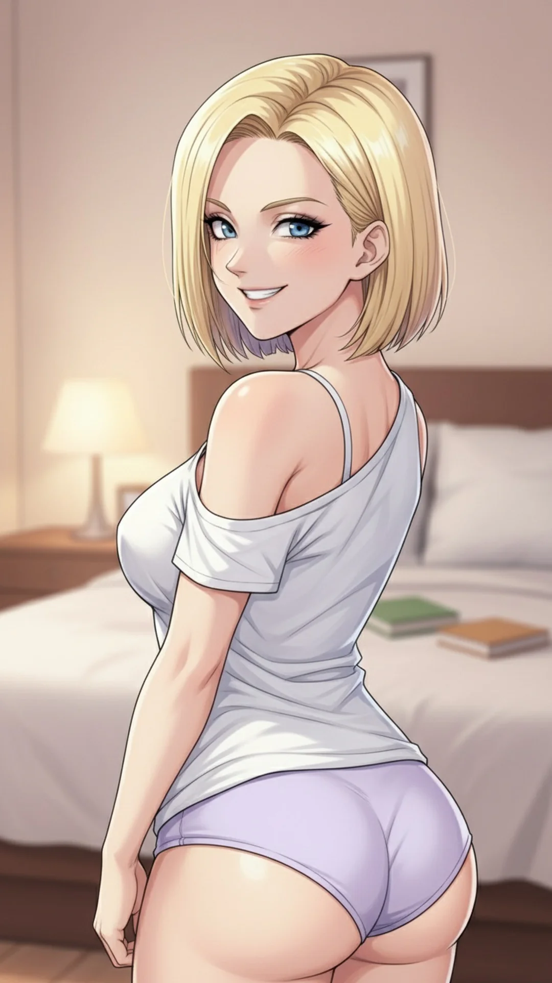 AI Art of Android 18 from Dragon Ball with blonde bob and blue eyes, waifu illustration by Daddy Jim Headquarters