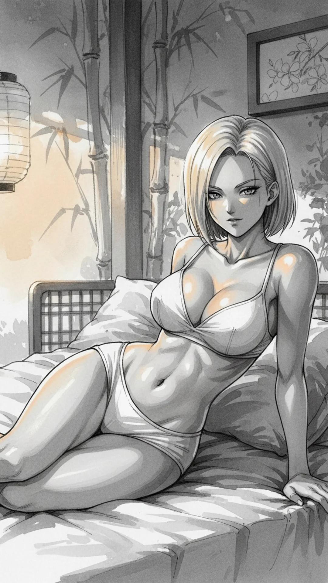 Manga illustration of platinum blonde woman reclining gracefully - Android 18 Dragon Ball waifu AI Art by Daddy Jim Headquarters