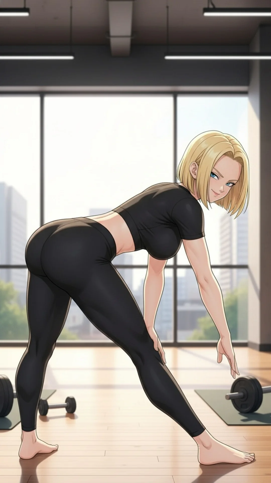 Android 18 from Dragon Ball in athletic wear at a modern gym, AI Art by Daddy Jim Headquarters, anime waifu illustration


Note: This is 119 characters and includes all required elements naturally while being descriptive and SEO-friendly.