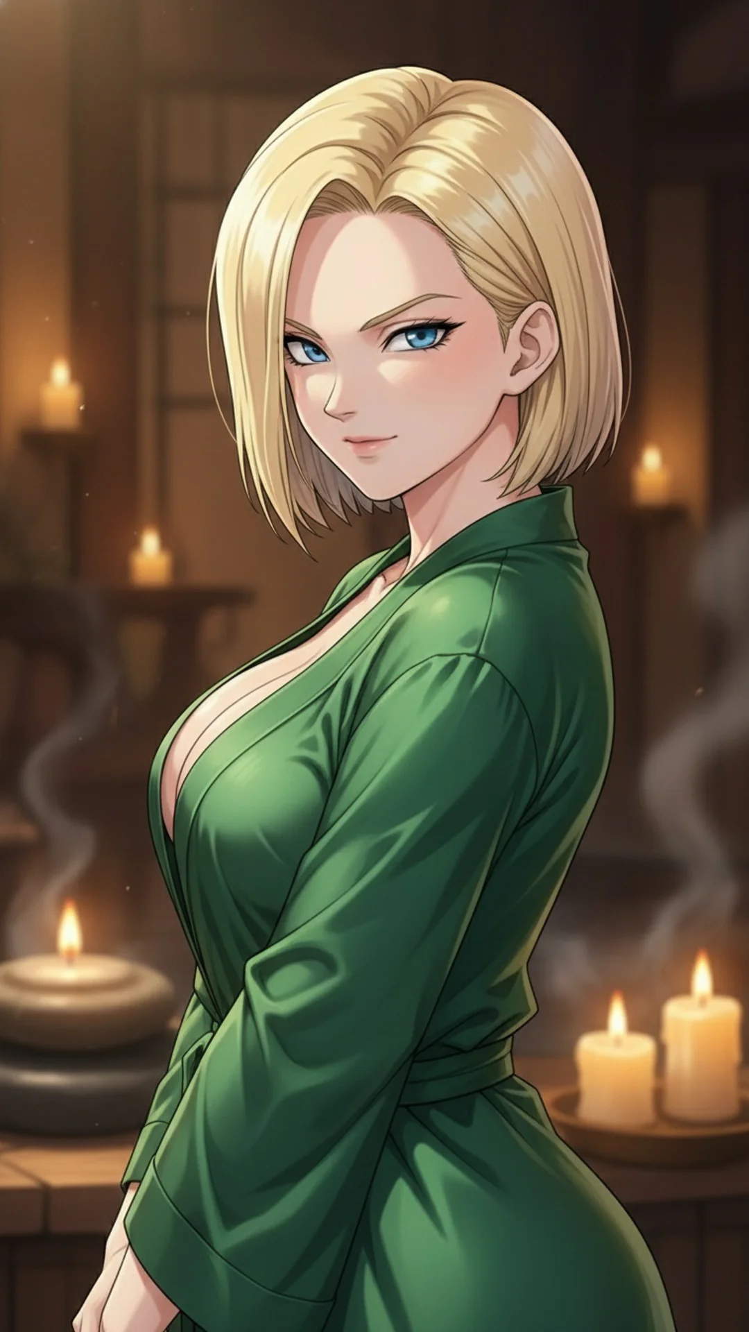 Anime-style AI Art of blonde bob-cut woman from DragonBall, Android 18 waifu illustration by Daddy Jim Headquarters