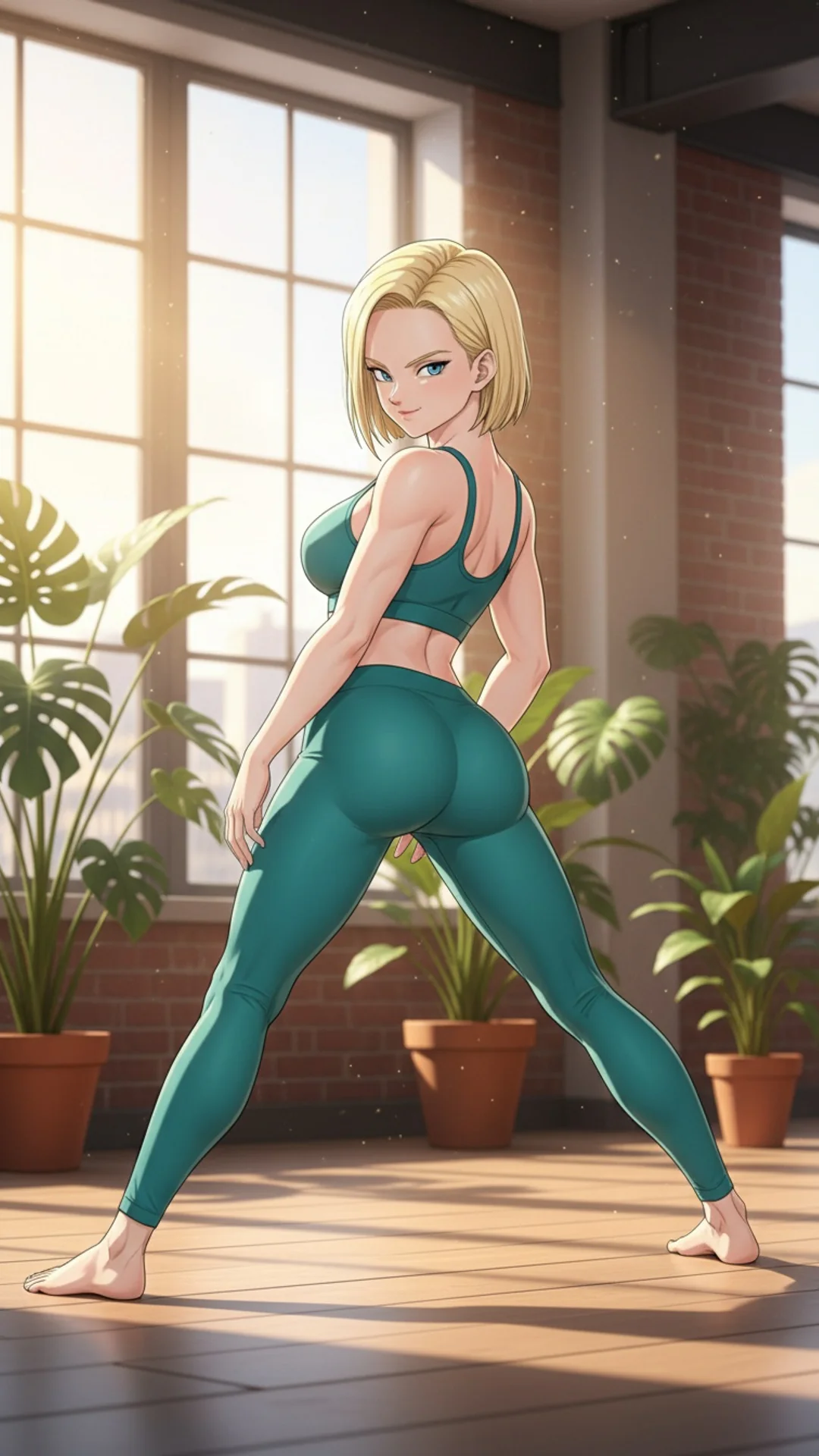 Android 18 in dynamic pose, vibrant dragonball character in athletic wear.