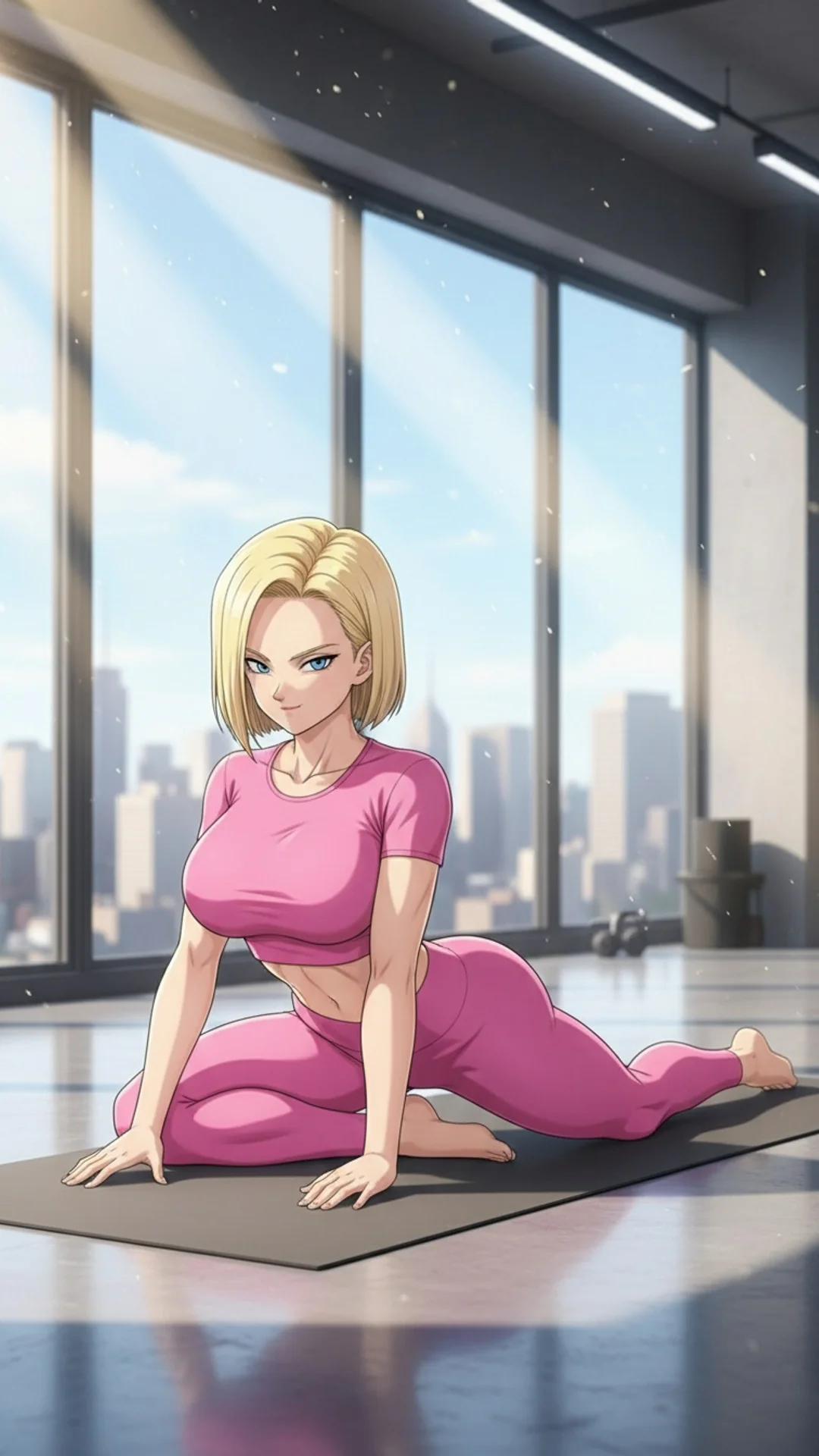 Android 18 from Dragon Ball in athletic wear at a gym - AI Art by Daddy Jim Headquarters featuring the iconic waifu character