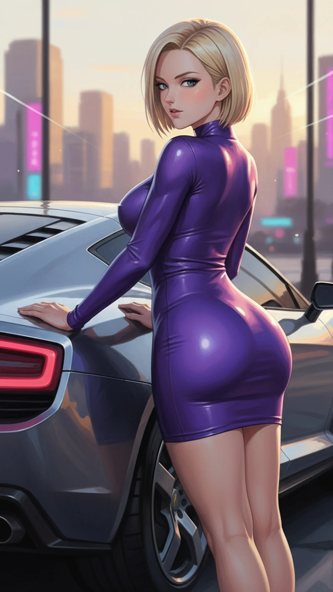 AI Art of Android 18 from Dragon Ball with platinum bob beside sleek car by Daddy Jim Headquarters