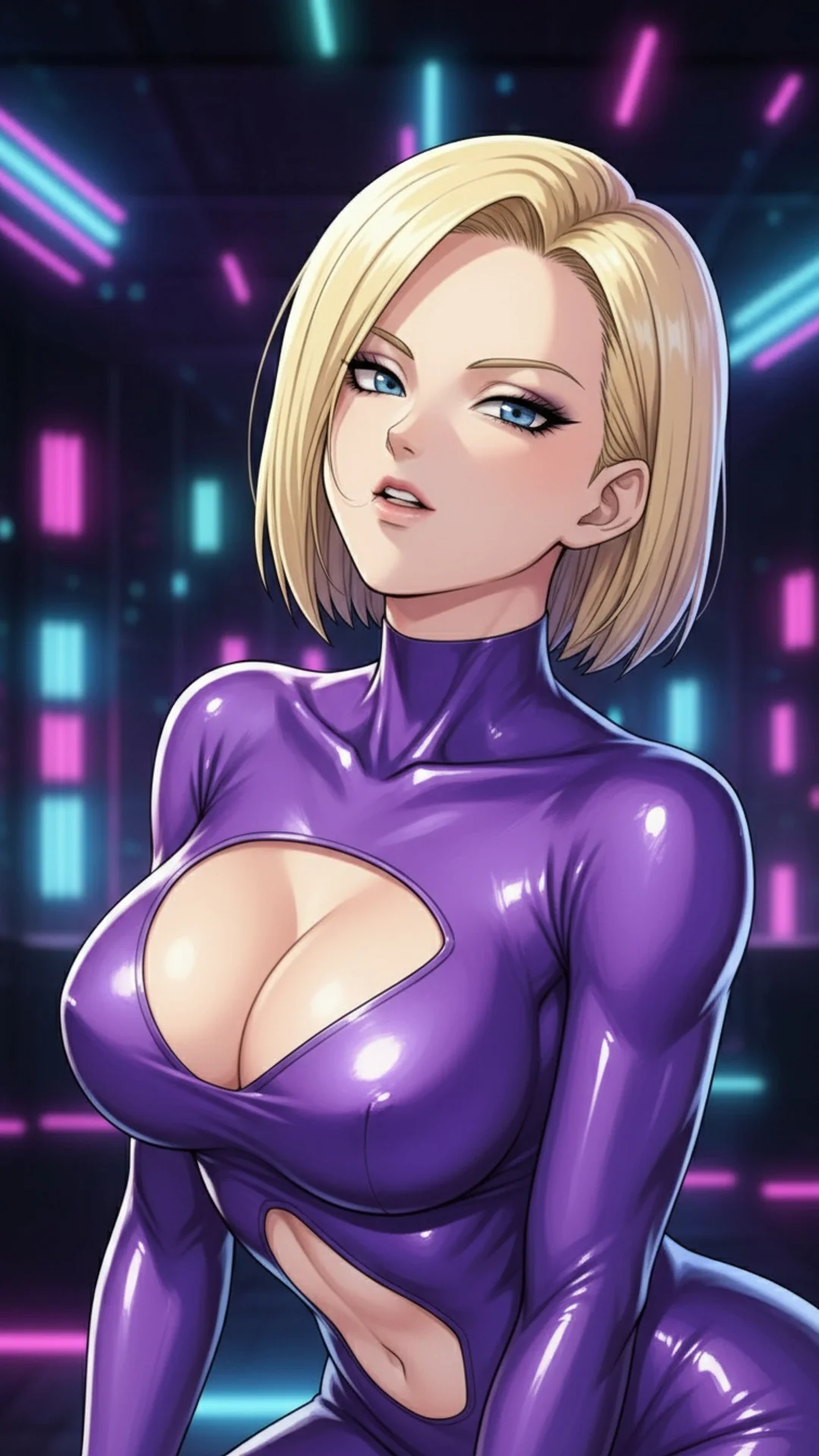 Anime-style AI Art of blonde bob-cut woman with blue eyes from Daddy Jim Headquarters, inspired by Android 18 DragonBall waifu aesthetic