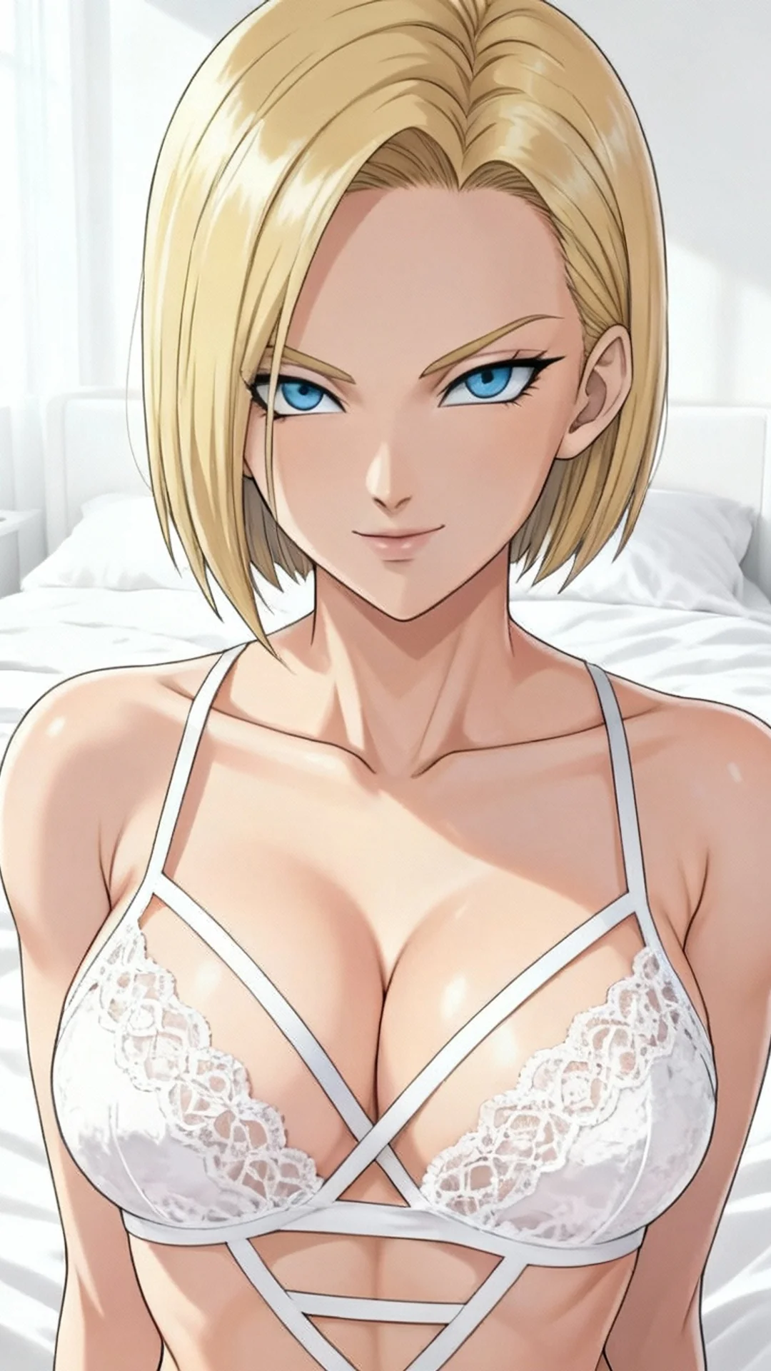 AI Art of Android 18 from Dragon Ball in bedroom scene by Daddy Jim Headquarters - anime waifu illustration with short blonde hair


(Note: 117 characters)