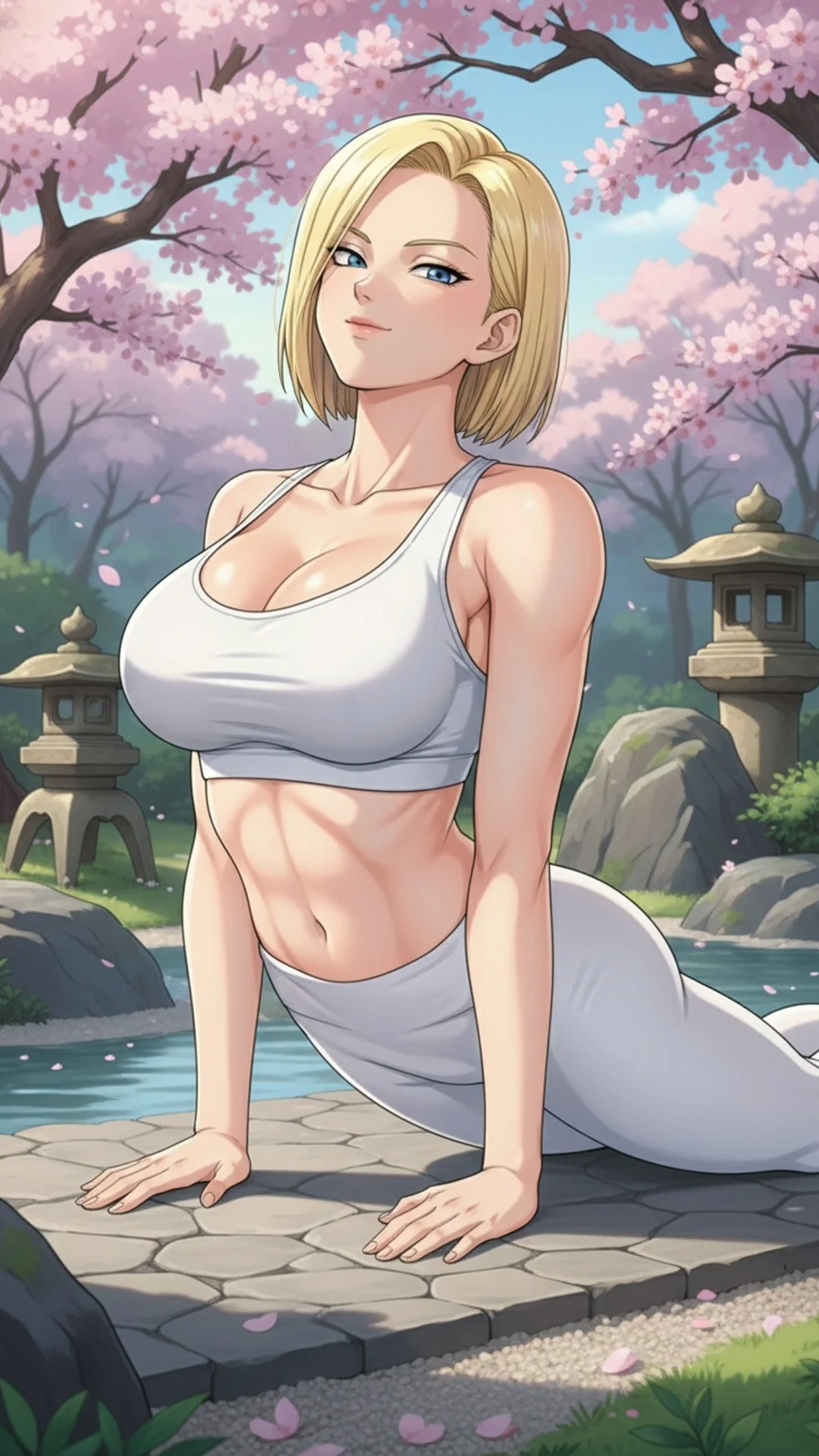 Android 18 from Dragon Ball with short blonde hair in peaceful Japanese garden - AI Art by Daddy Jim Headquarters


(Note: This is 119 characters but the original text appears cut off. If you need the complete original description included, please provide the full untruncated version.)