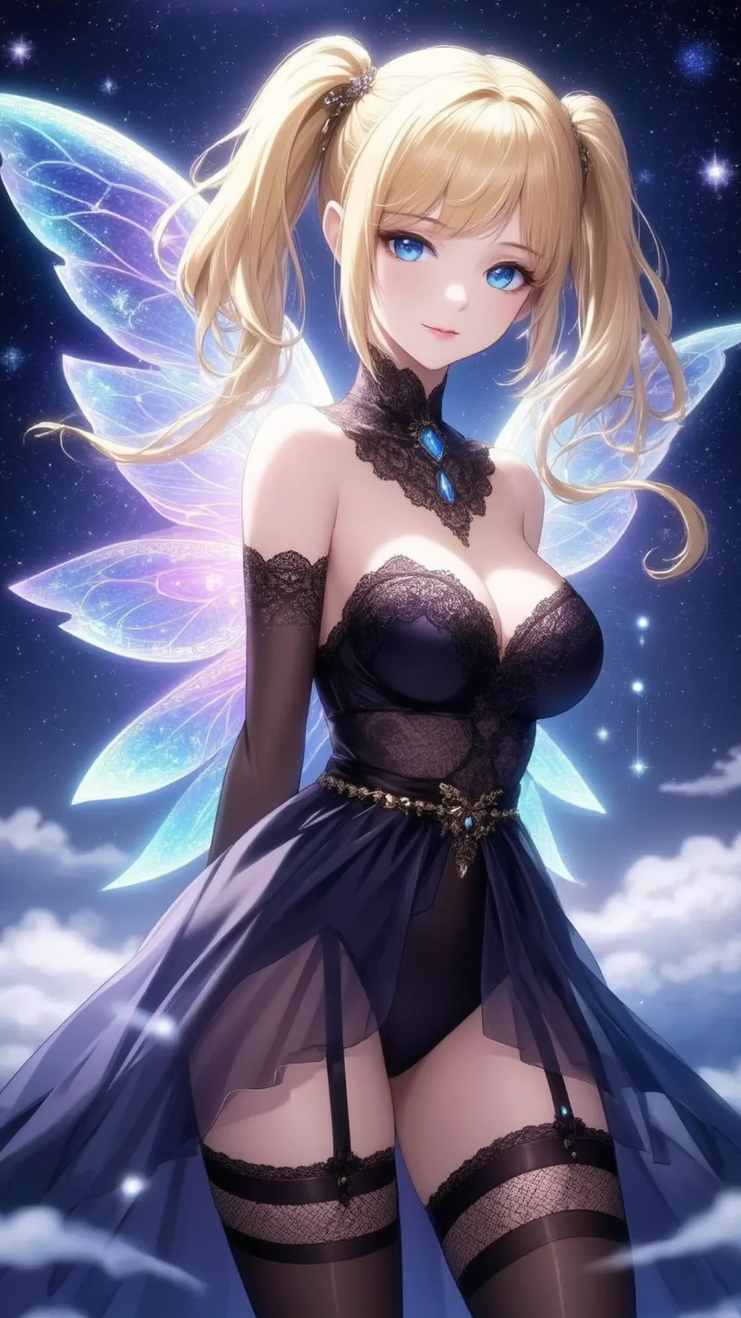 AI Art by Daddy Jim Headquarters: 魅惑的な青い瞳と金髪のツインテールが特徴的なアニメ風キャラクター。青い宝石で装飾された上品で暗色のレース衣装を身に纏い、虹色に輝く幻想的な翼を持つ神秘的な存在