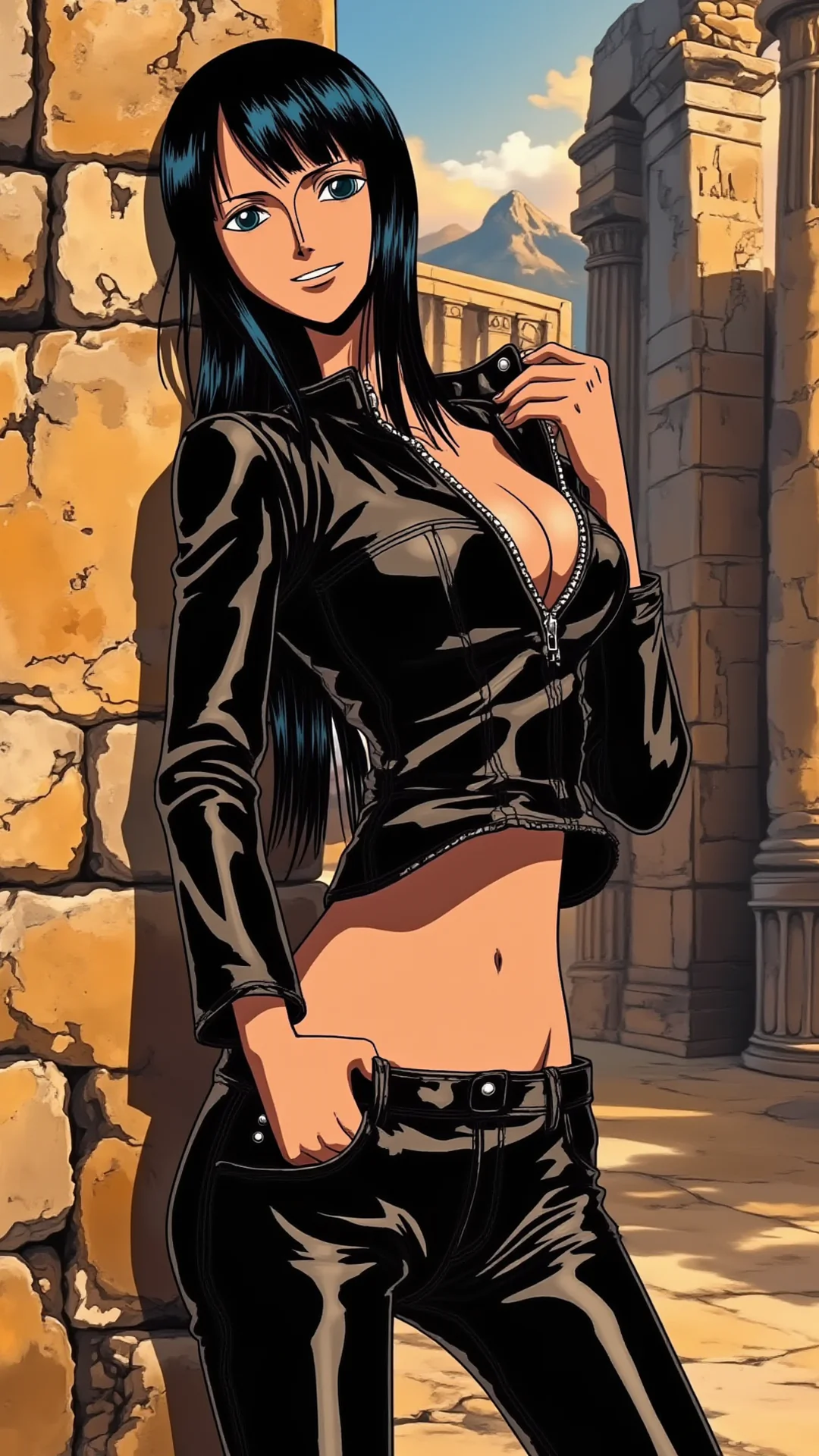This AI Art piece from Daddy Jim Headquarters features an animated woman with long black hair and blue eyes. She is wearing a black leather jacket and pants, standing confidently against a sunlit, ancient stone wall. The background shows architectural ruins with a mountain in the distance, under a clear blue sky.