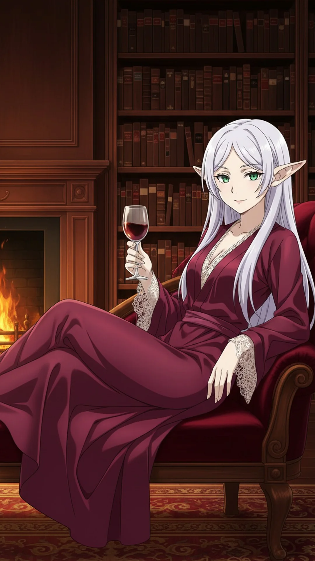 Elegant anime waifu in sophisticated library study, AI Art by Daddy Jim Headquarters, cozy fantasy scene with graceful figure