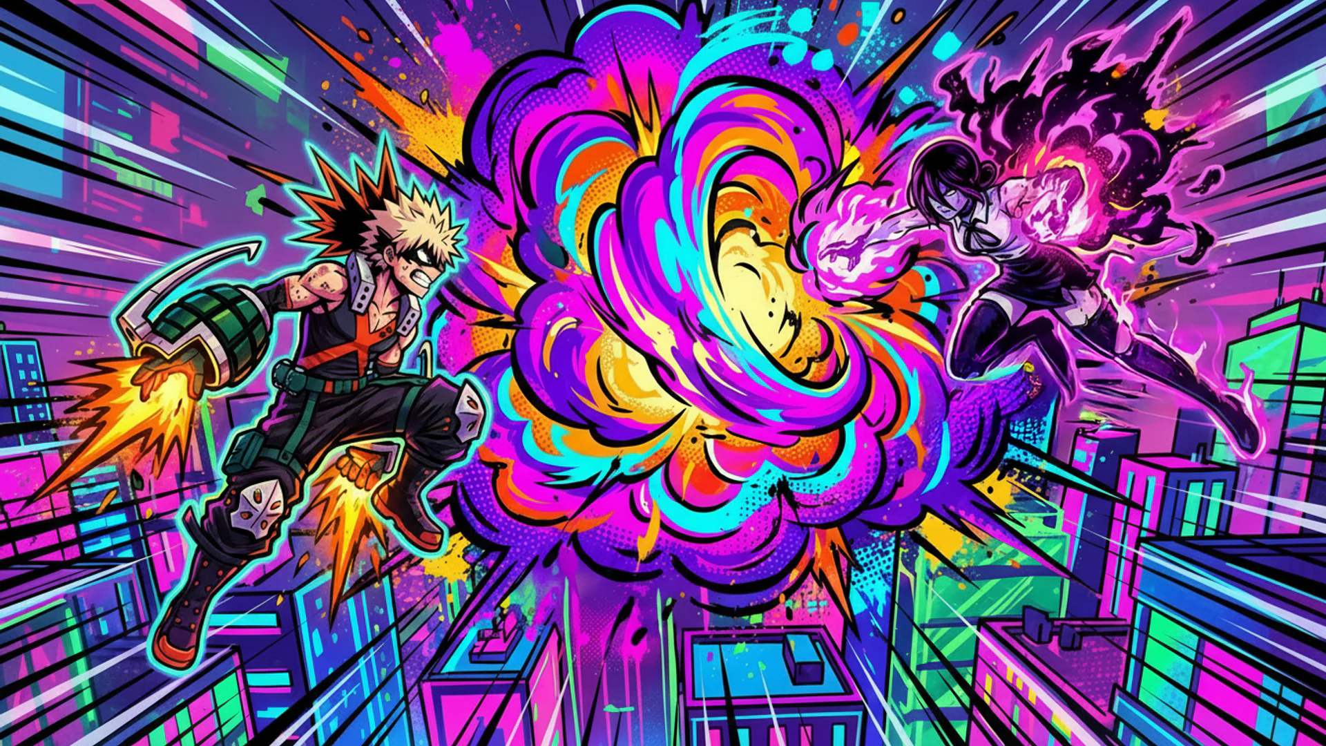 Explosive anime-style AI Art with dynamic action from Daddy Jim Headquarters, featuring vibrant colors and energetic composition