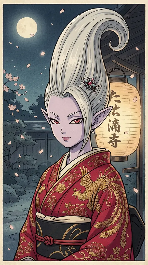 Arinsu from Dragon Ball stands under a full moon and falling cherry blossoms, wearing an ornate red kimono embroidered with a golden phoenix.
