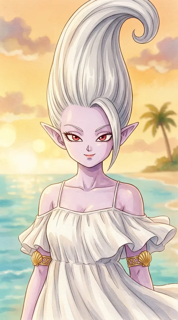 Arinsu from Dragon Ball stands on a sunset beach wearing a flowing white off-the-shoulder dress and golden shell armbands, showcasing her pale purple skin, pointed ears, and tall sweeping white hair.