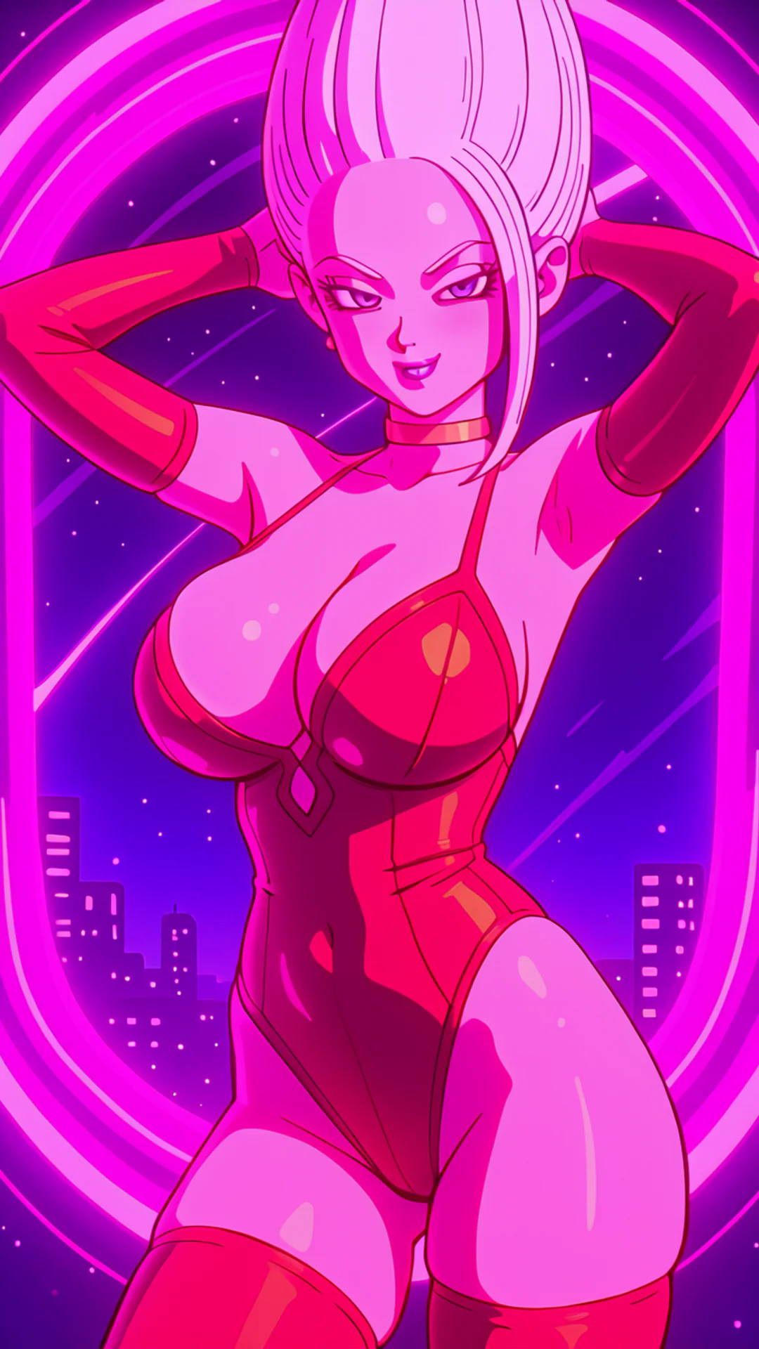 AI Art by Daddy Jim Headquarters featuring a flirty character inspired by Arinsu from Dragon Ball Daima. The character is depicted with a confident pose against a vibrant pink and purple cityscape background. She wears a form-fitting red outfit and k