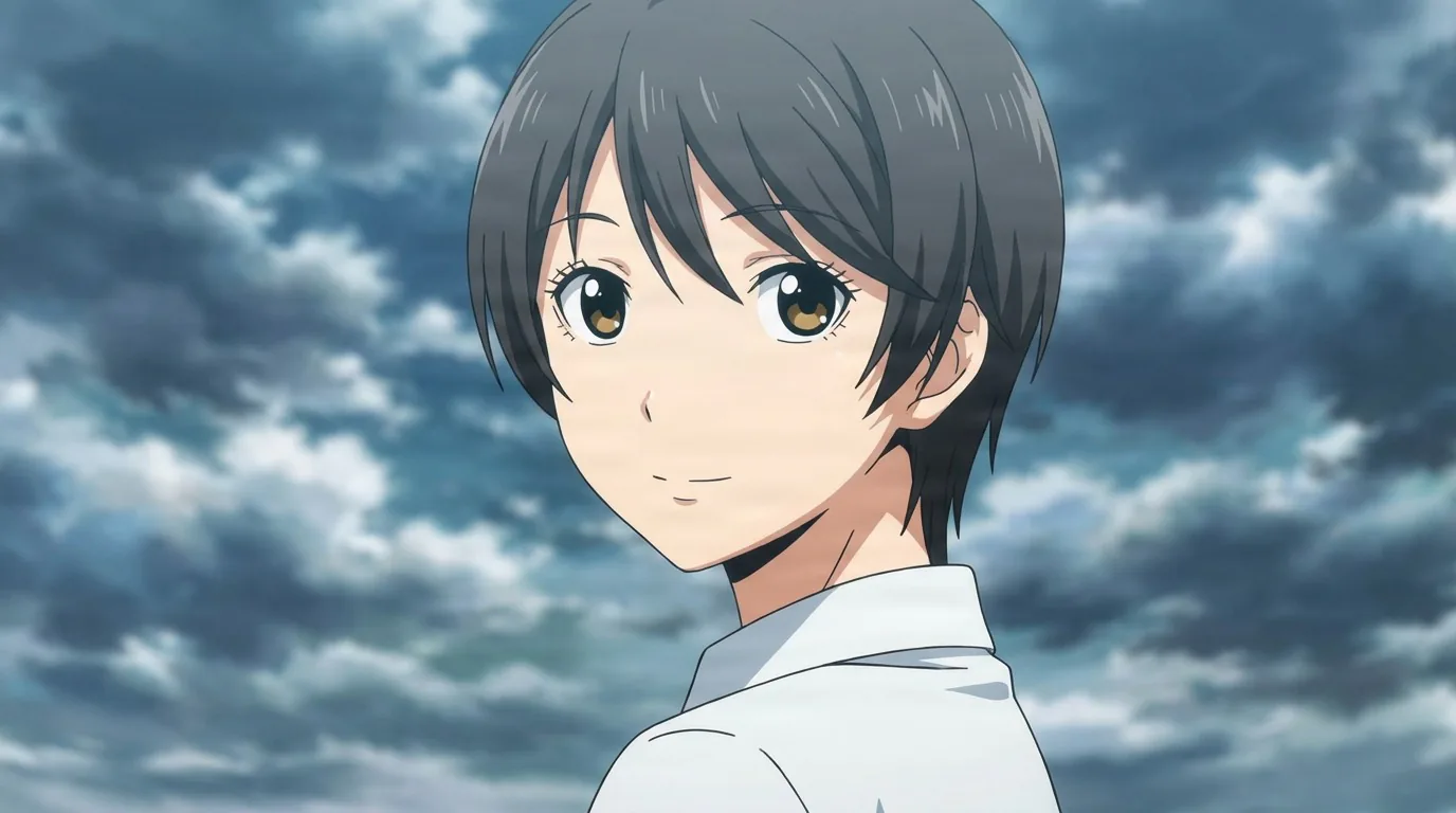 Aguri Yukimura looks back over her shoulder with a soft smile, short dark hair against a dramatic clouded sky.
