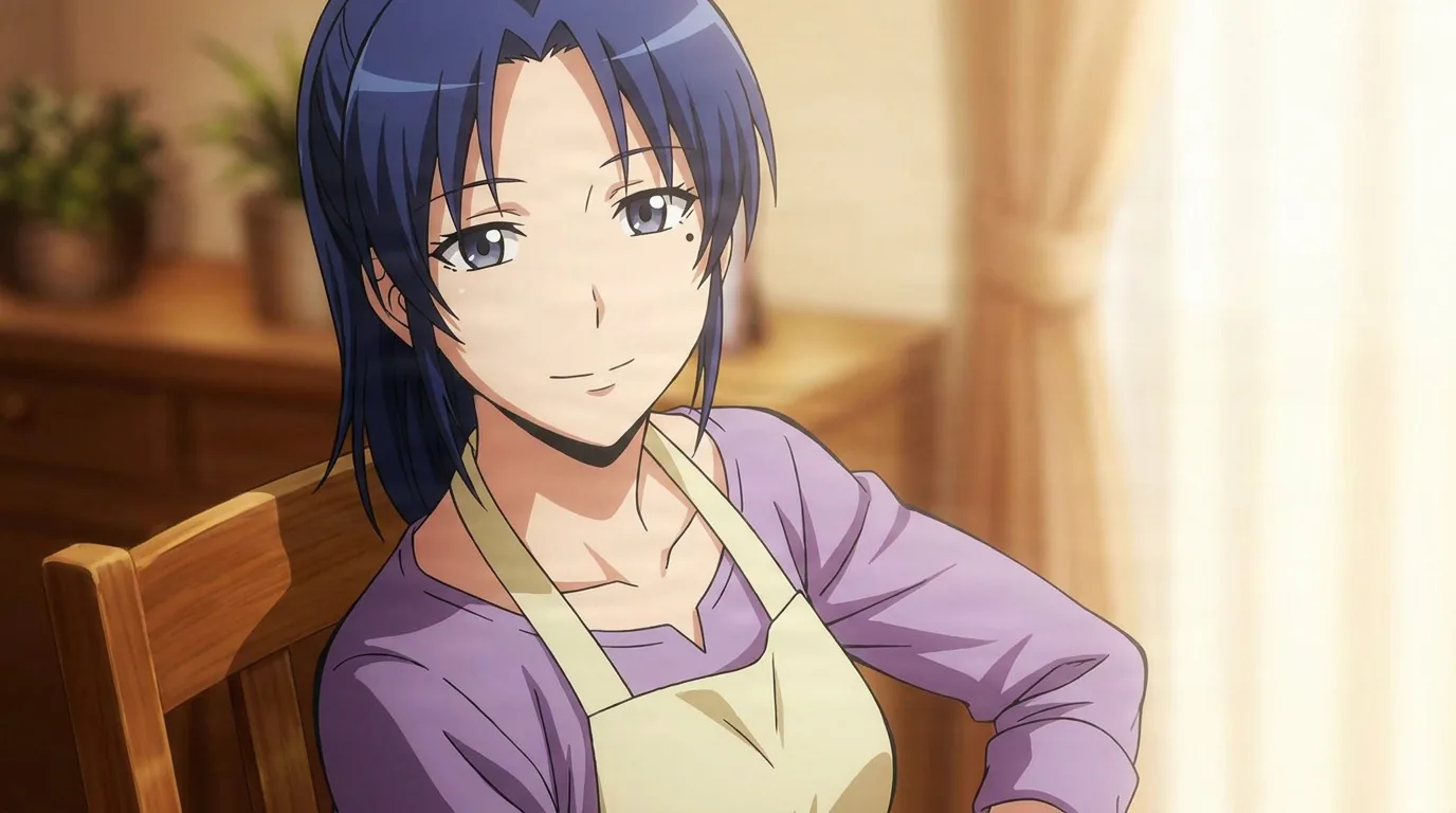 Azusa sits on a wooden chair in a purple top and apron, dark blue hair and a small mole, in a warm sunlit home.