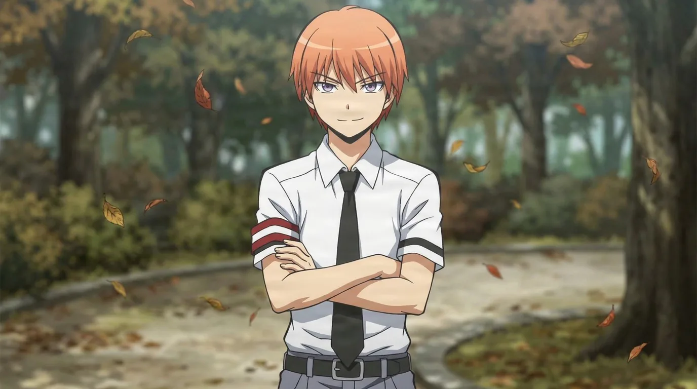 Gakushu Asano stands with arms crossed in a white shirt, tie, and armband, ginger hair lit by an autumn park behind him.