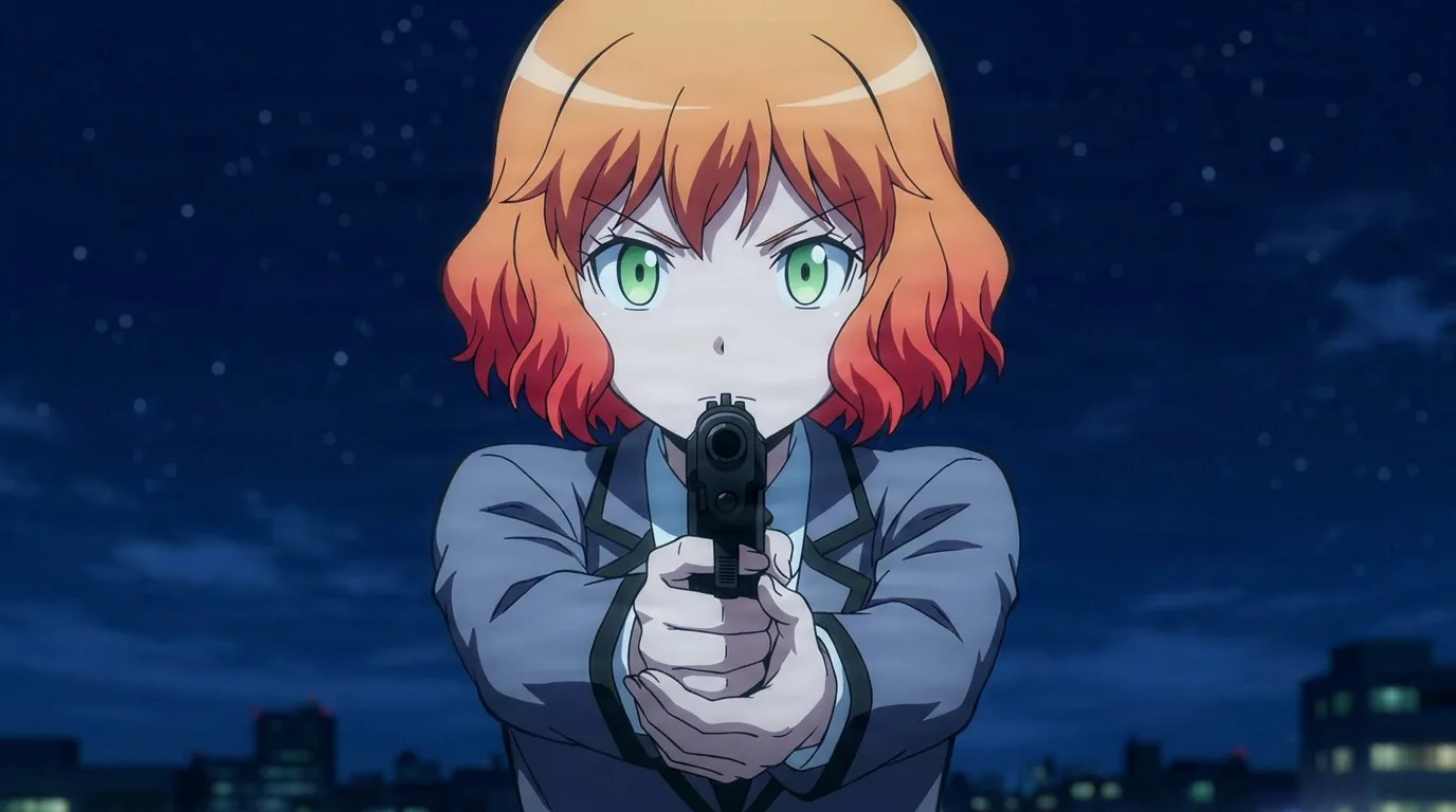 Hinano Kurahashi aims a pistol straight at the viewer with both hands, orange hair and green eyes against a night sky.