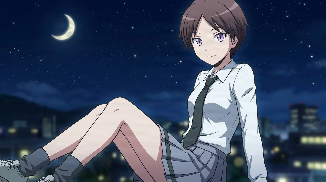 Hinata Okano sits with knees raised in a white shirt and loose tie, short brown hair, a crescent moon over the night city.