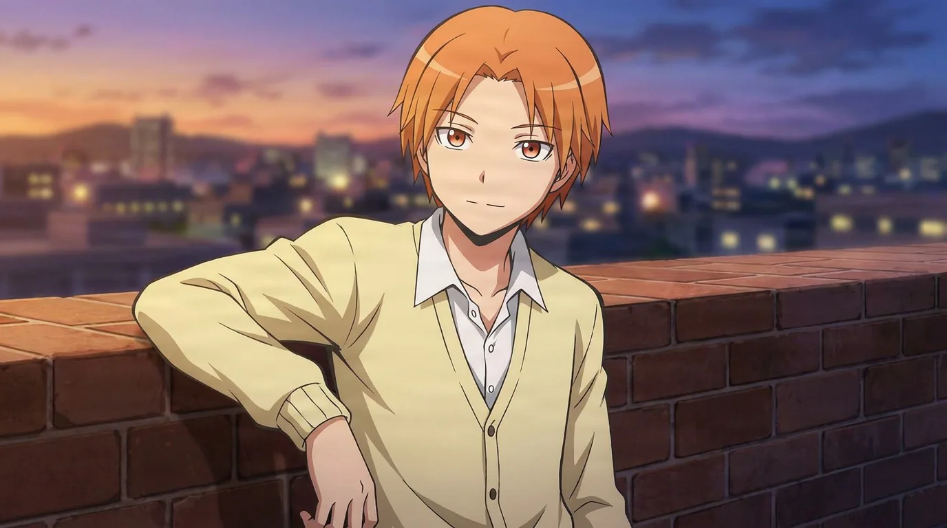 Hiroto Maehara leans against a brick rooftop wall in a yellow cardigan, one hand on his hip, city skyline glowing at dusk.