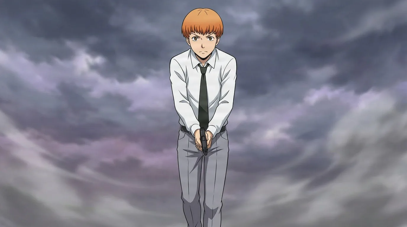 Koki Mimura grips a pistol with both hands aimed low, orange hair, white shirt and black tie, under a stormy purple sky.