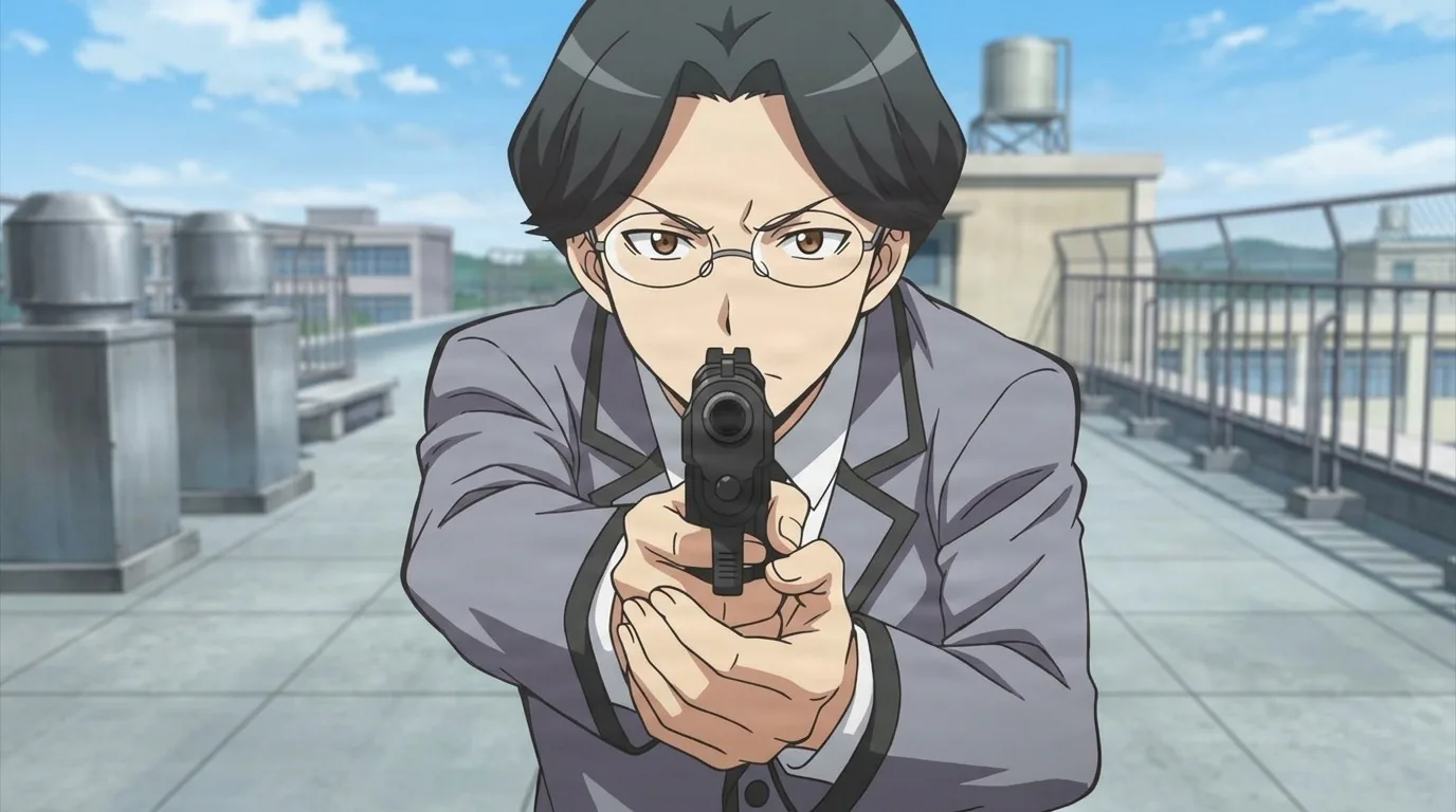Kotaro Takebayashi, a black-haired young man in glasses, aims a handgun straight at the viewer on a sunlit rooftop.