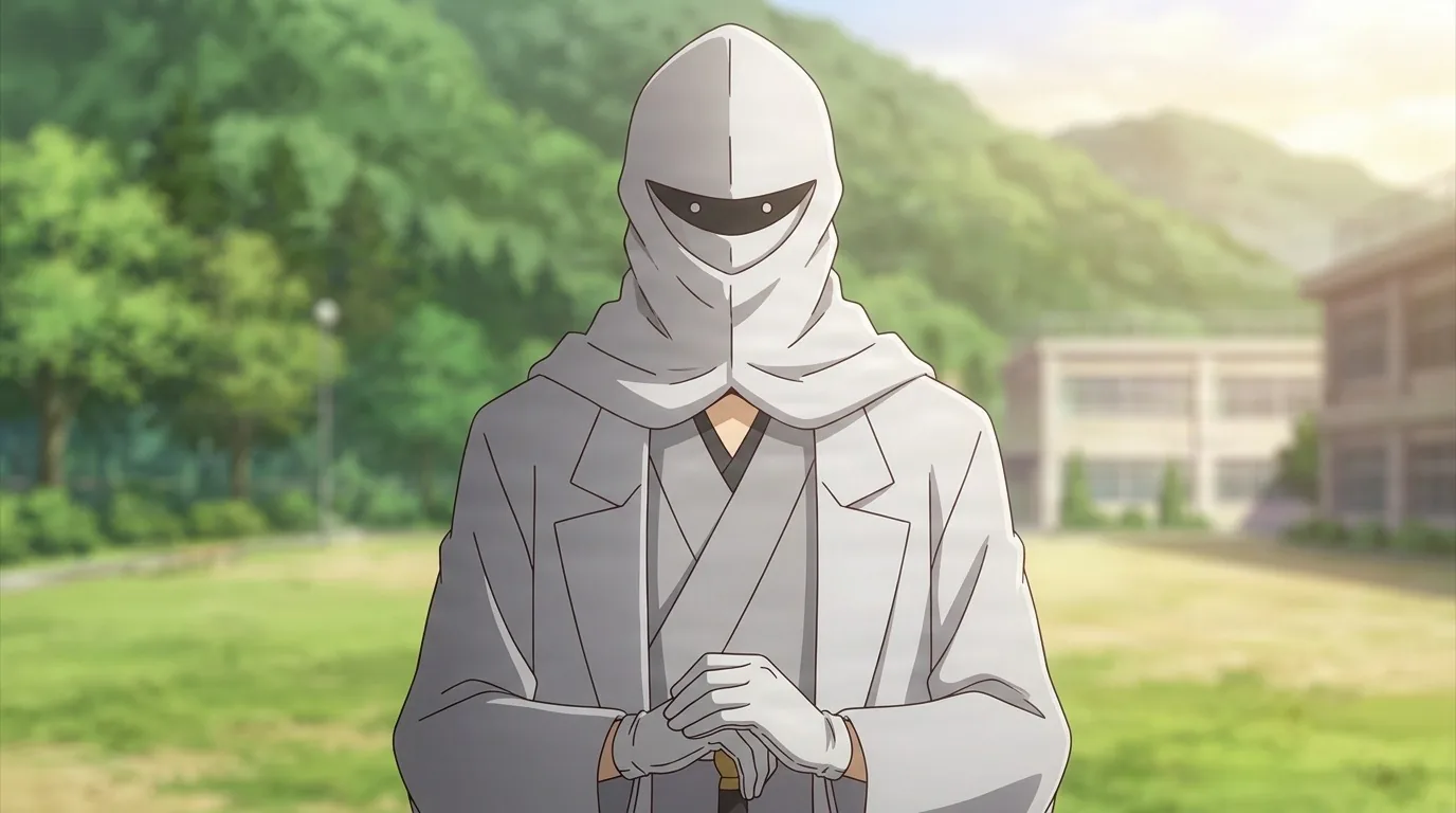 Kotaro Yanagisawa in a white hood and slit visor mask, gloved hands resting on a cane, standing on a school field below green hills.