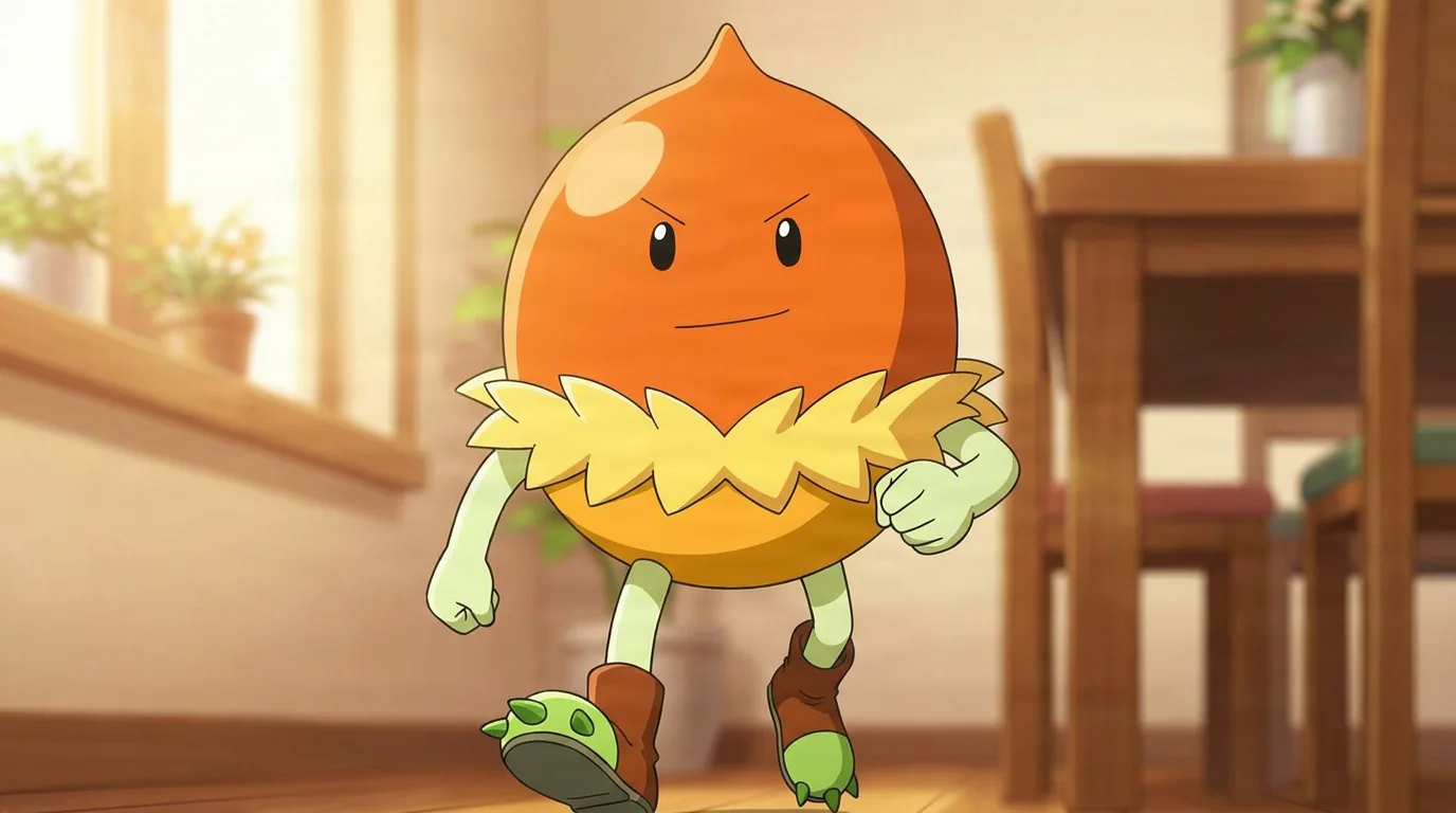 Kunudon, an orange onion-shaped mascot with a stern face and small green limbs, strides across a sunlit wooden room.