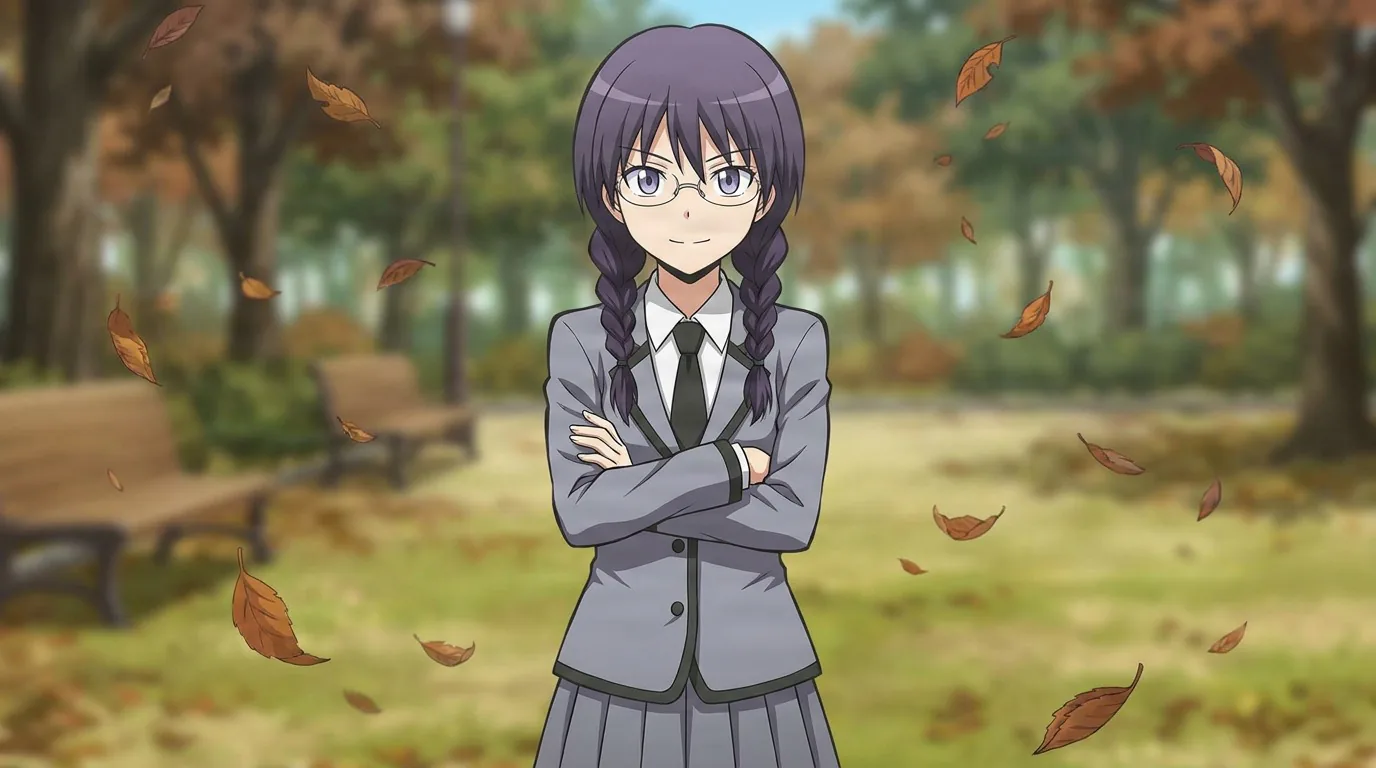 Manami Okuda stands with arms crossed in a gray uniform and glasses, purple hair in two braids, autumn park behind her.