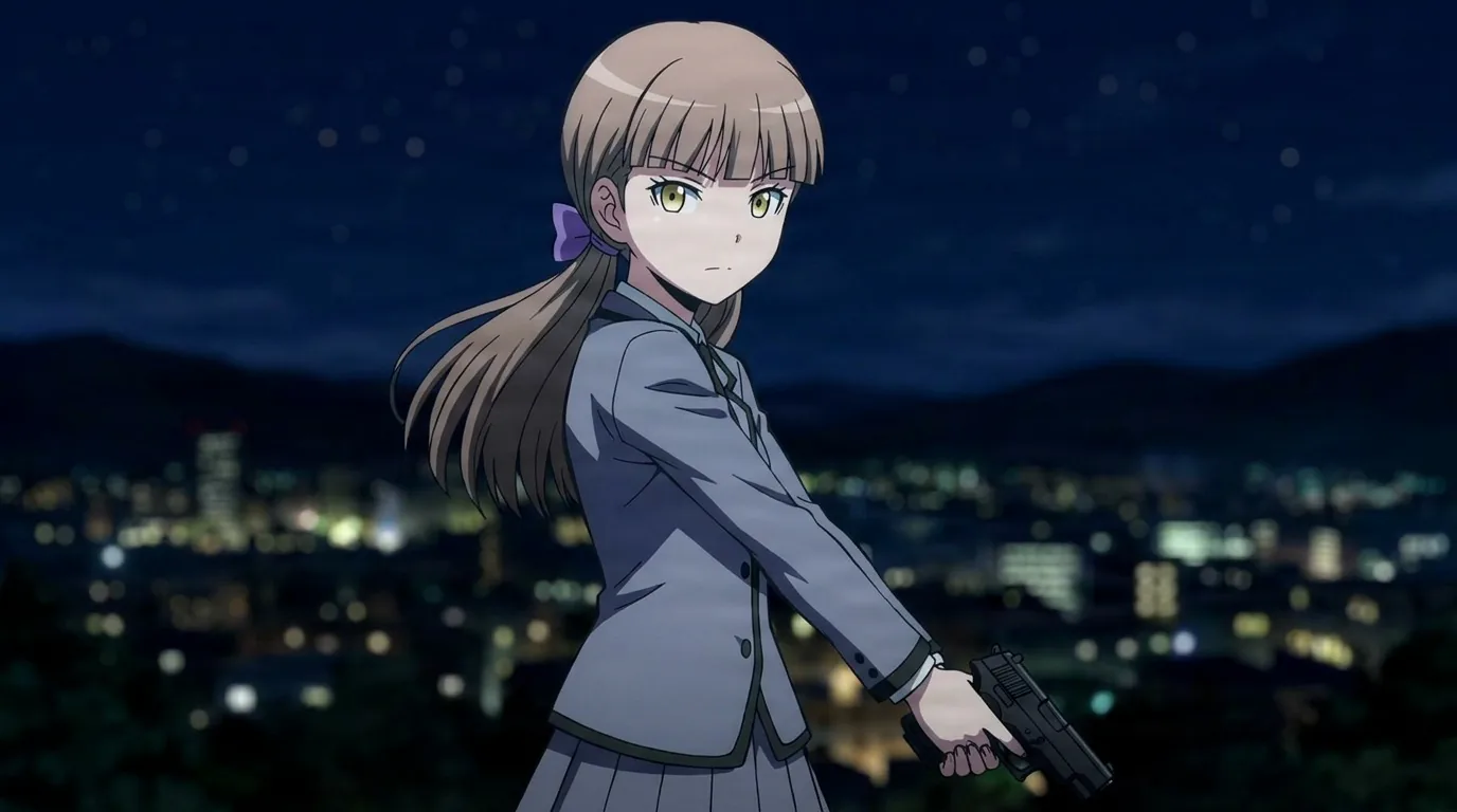 Meg Kataoka holds a pistol at her side and looks back, straight hair tied with a bow, gray uniform, city lights at night.