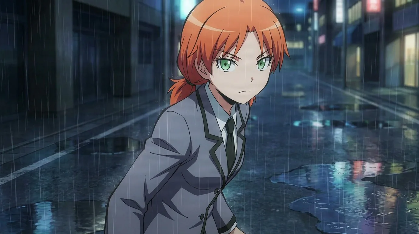 Rinka Hayami leans forward in a gray blazer and tie, orange ponytail and green eyes, on a rainy neon-lit night street.