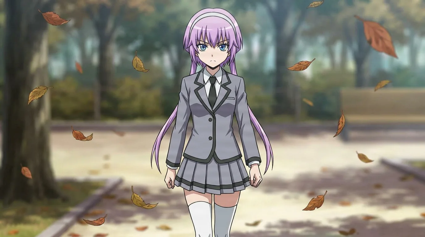 Ritsu stands on a leaf-strewn park path in a gray school uniform and headband, long lavender hair and white thigh-high socks.