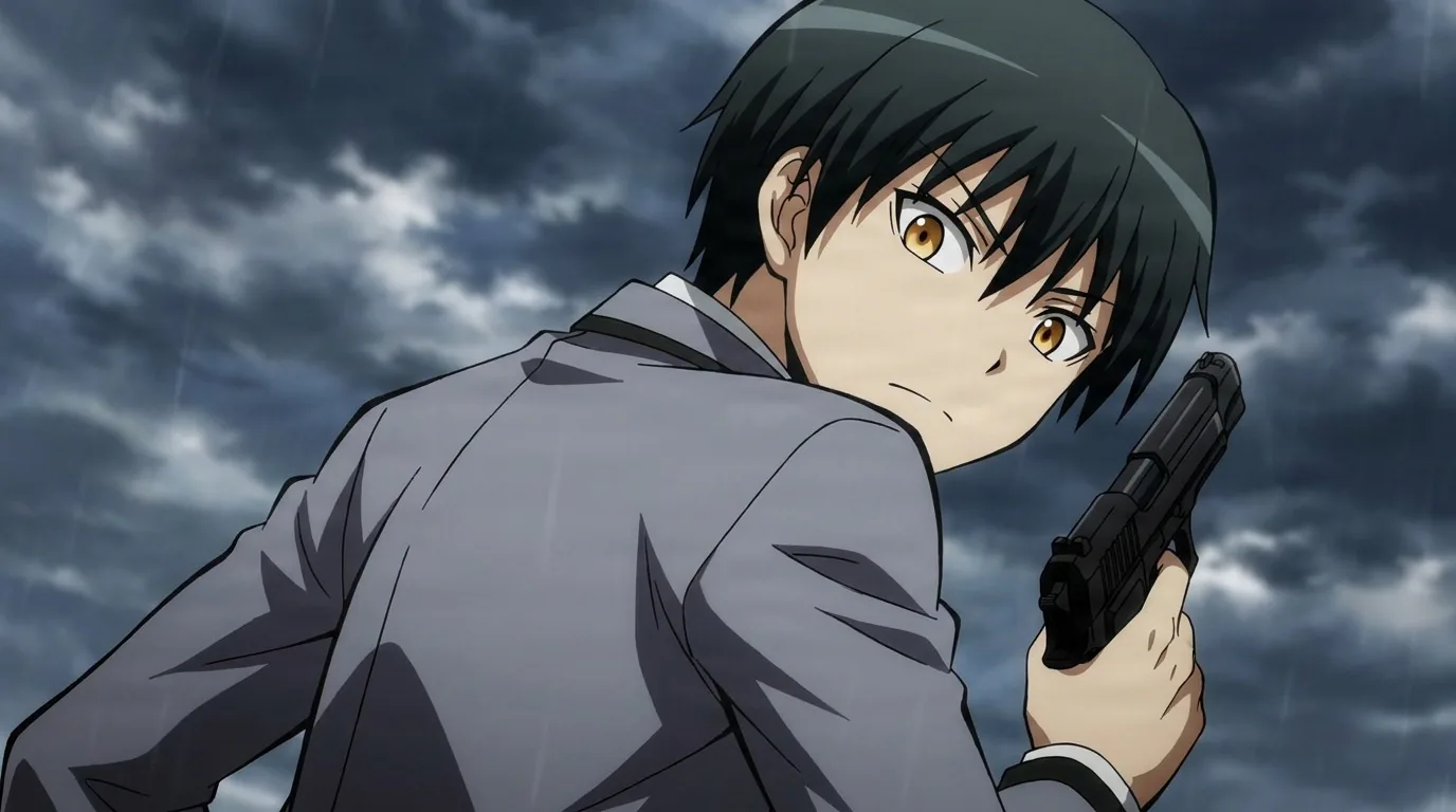 Ryunosuke Chiba glances back over his shoulder while raising a black pistol, dark hair against a stormy grey sky.