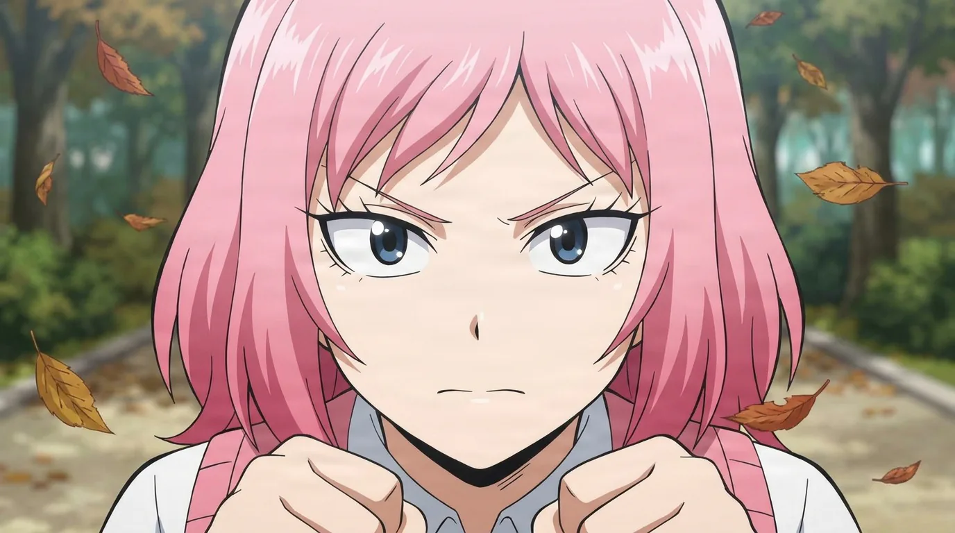 Sakura Kiyashiki raises both fists near her chin with a fierce look, pink hair and blue eyes, autumn leaves swirling.