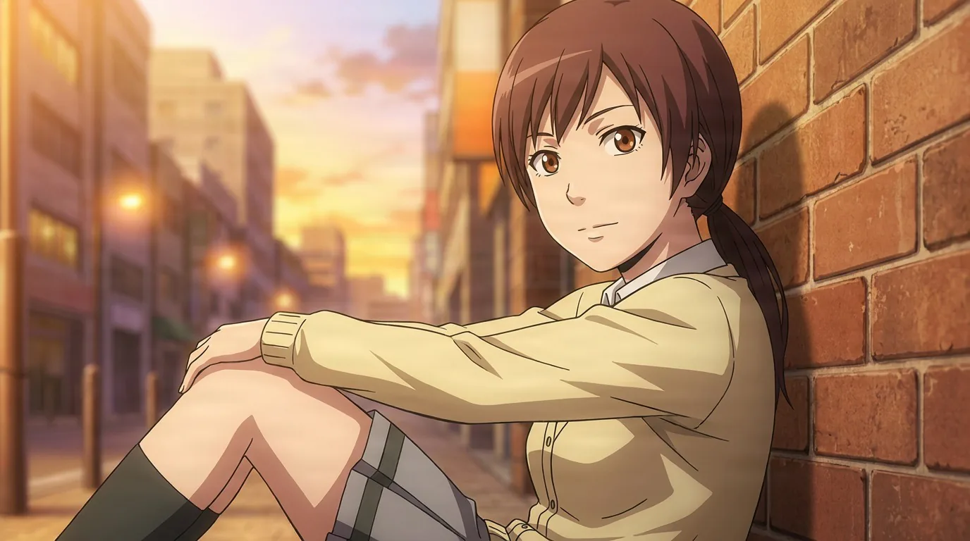 Sumire Hara sits against a brick wall hugging her knees, low brown ponytail and yellow cardigan, in a sunset alley.