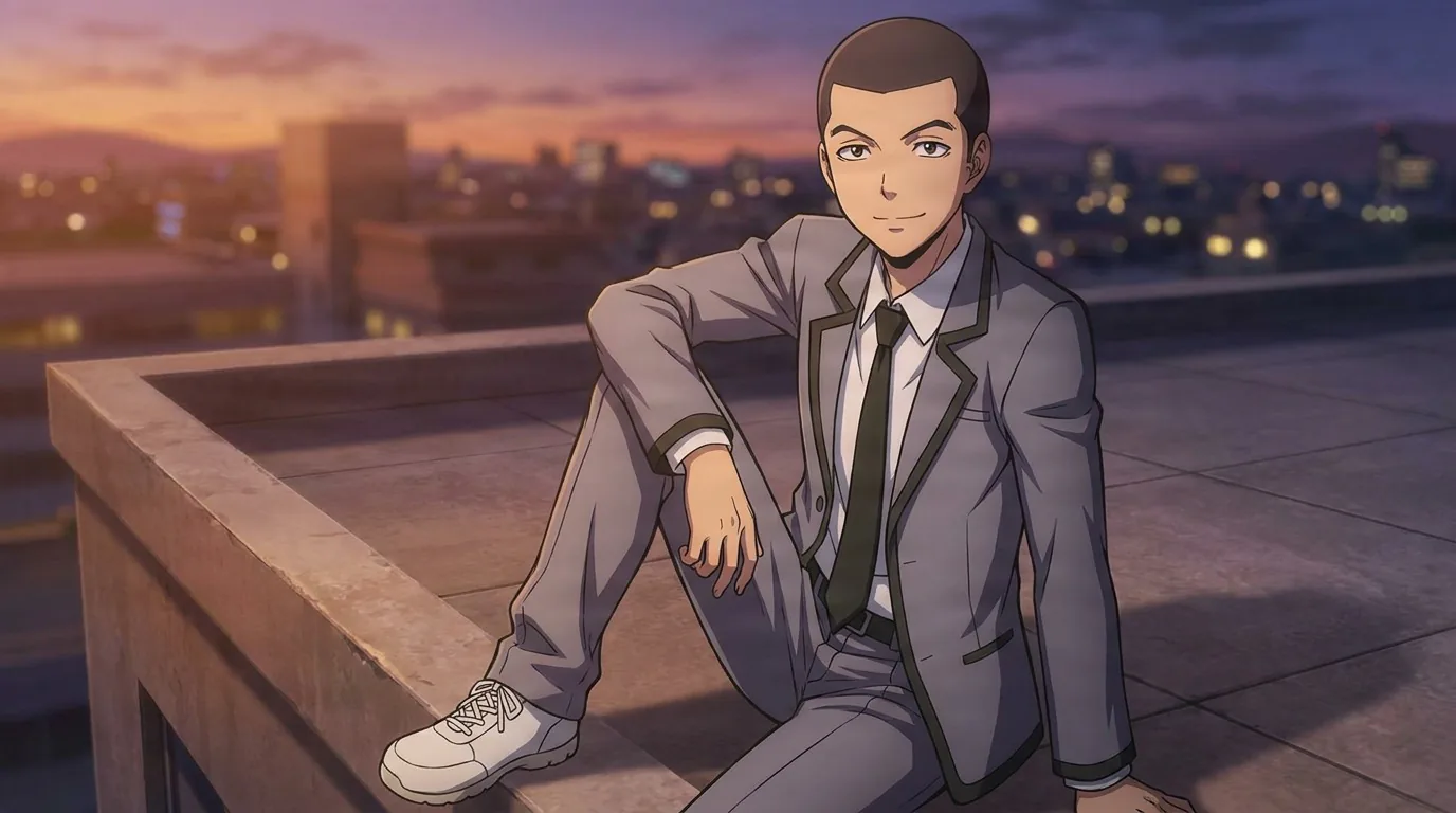 Taiga Okajima sits on a rooftop ledge in a gray suit, one knee up, buzzed hair, with a sunset cityscape behind him.