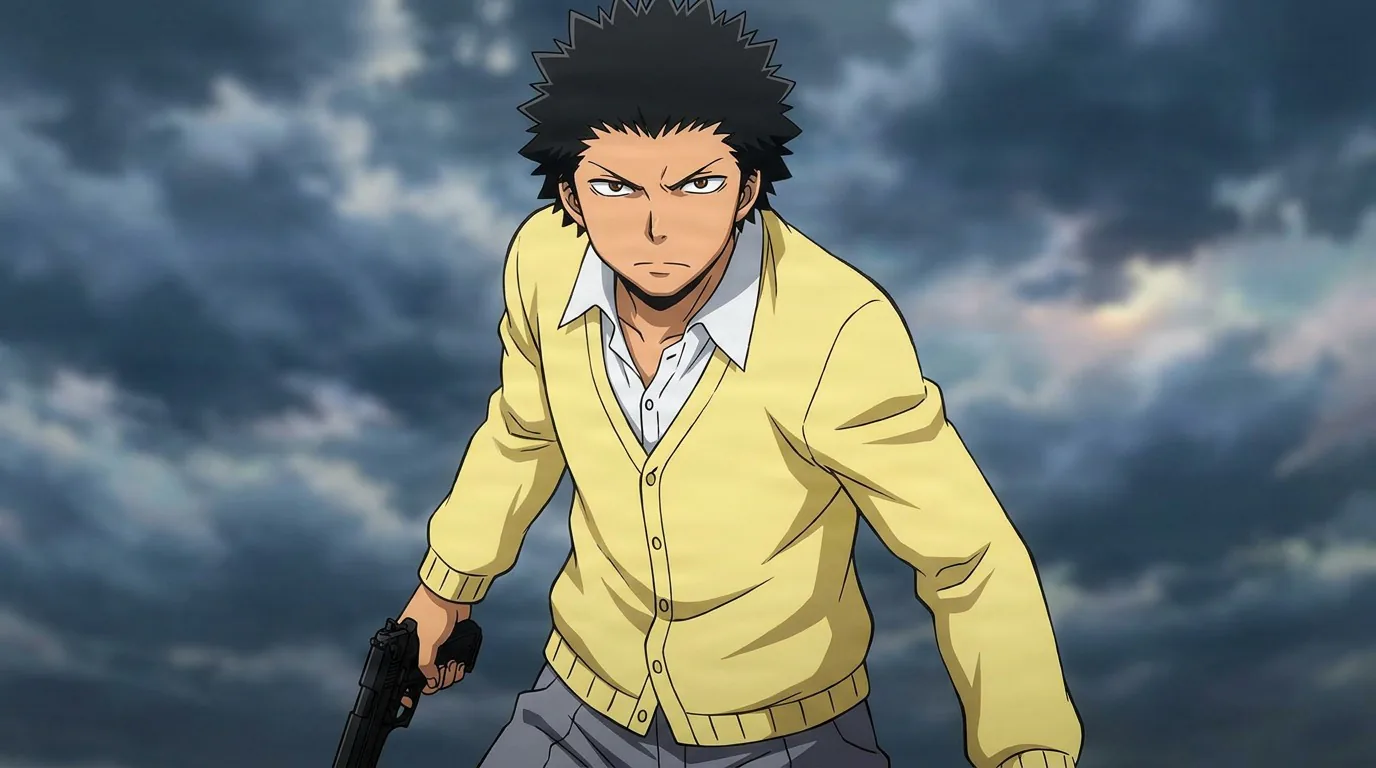 Taisei Yoshida holds a pistol at his side with an angry glare, spiky black hair and yellow cardigan, under a stormy sky.
