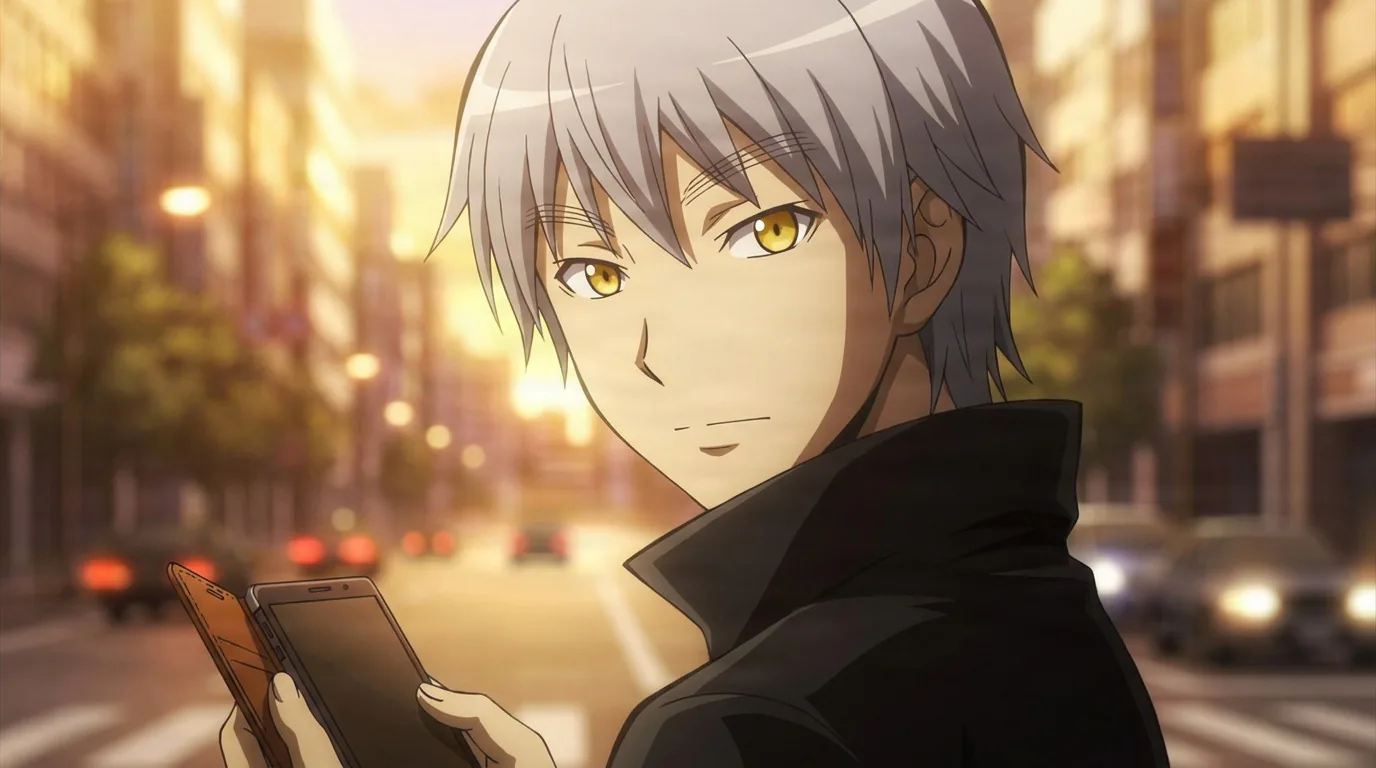 The Reaper holds two smartphones and glances at the viewer, silver hair and black collared coat on a glowing sunset street.